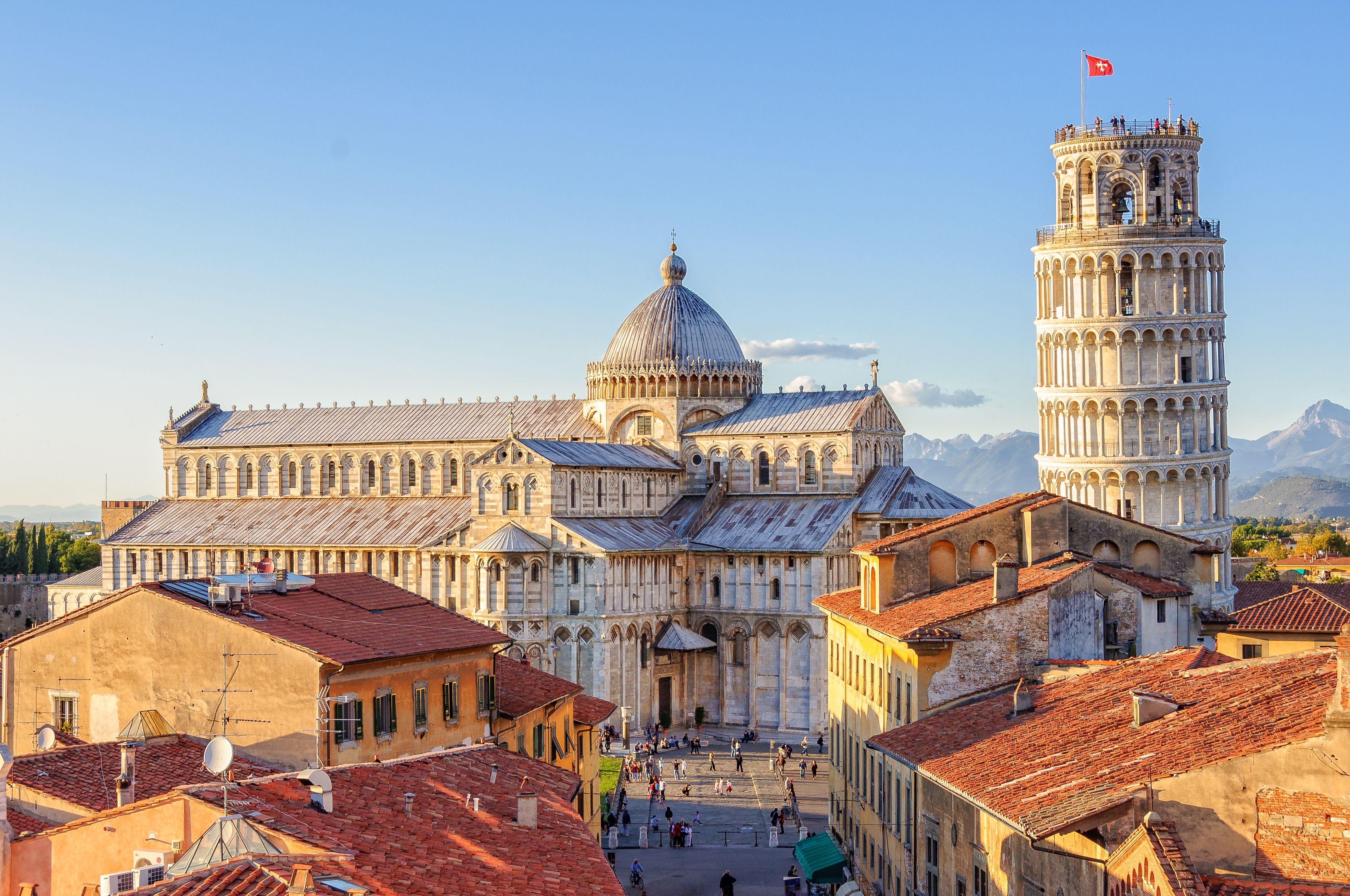An aerial view of the Leaning Tower and Cathedral in Pisa, Italy