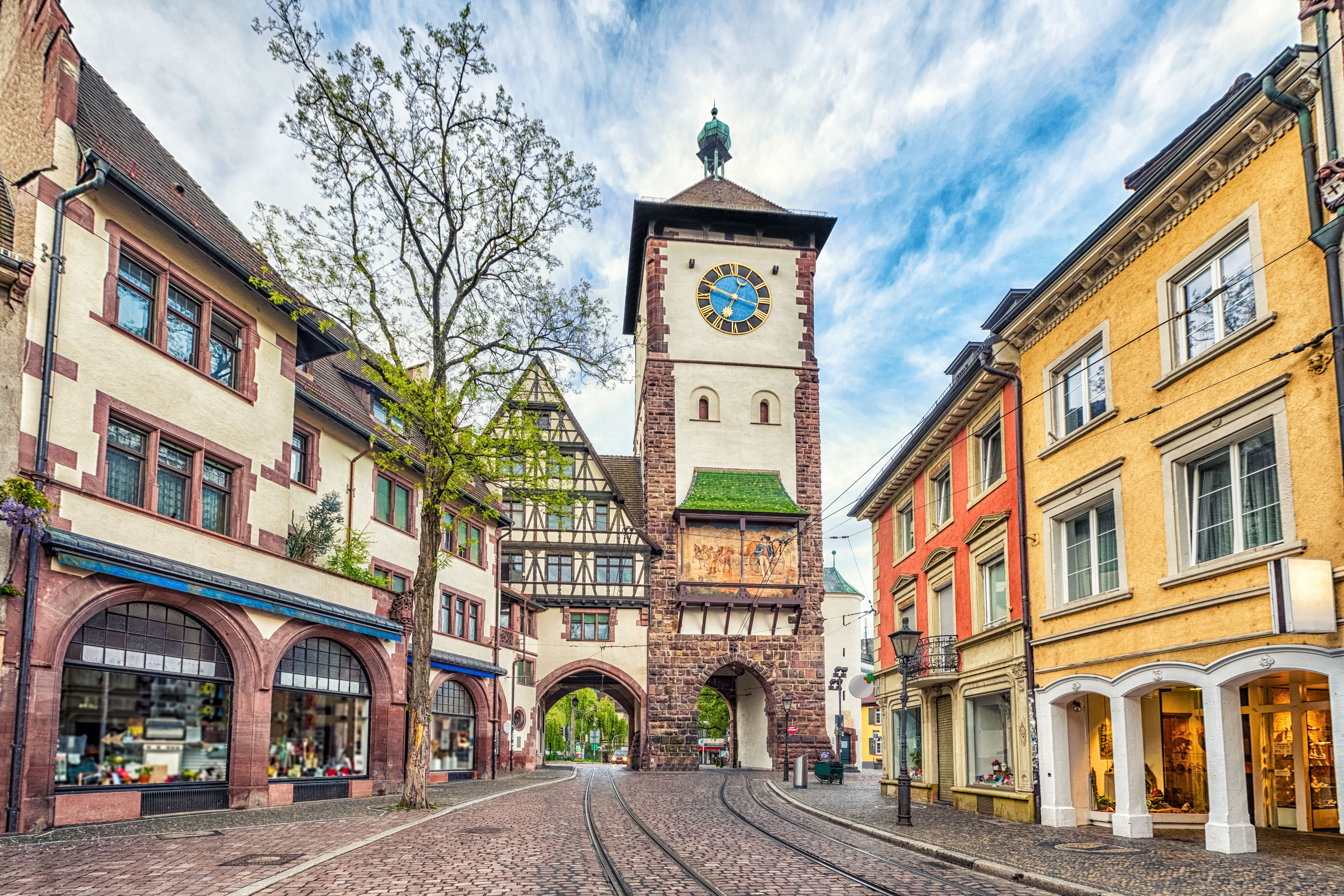 A view of Schwabentor - a historical city gate in Freiburg, Germany