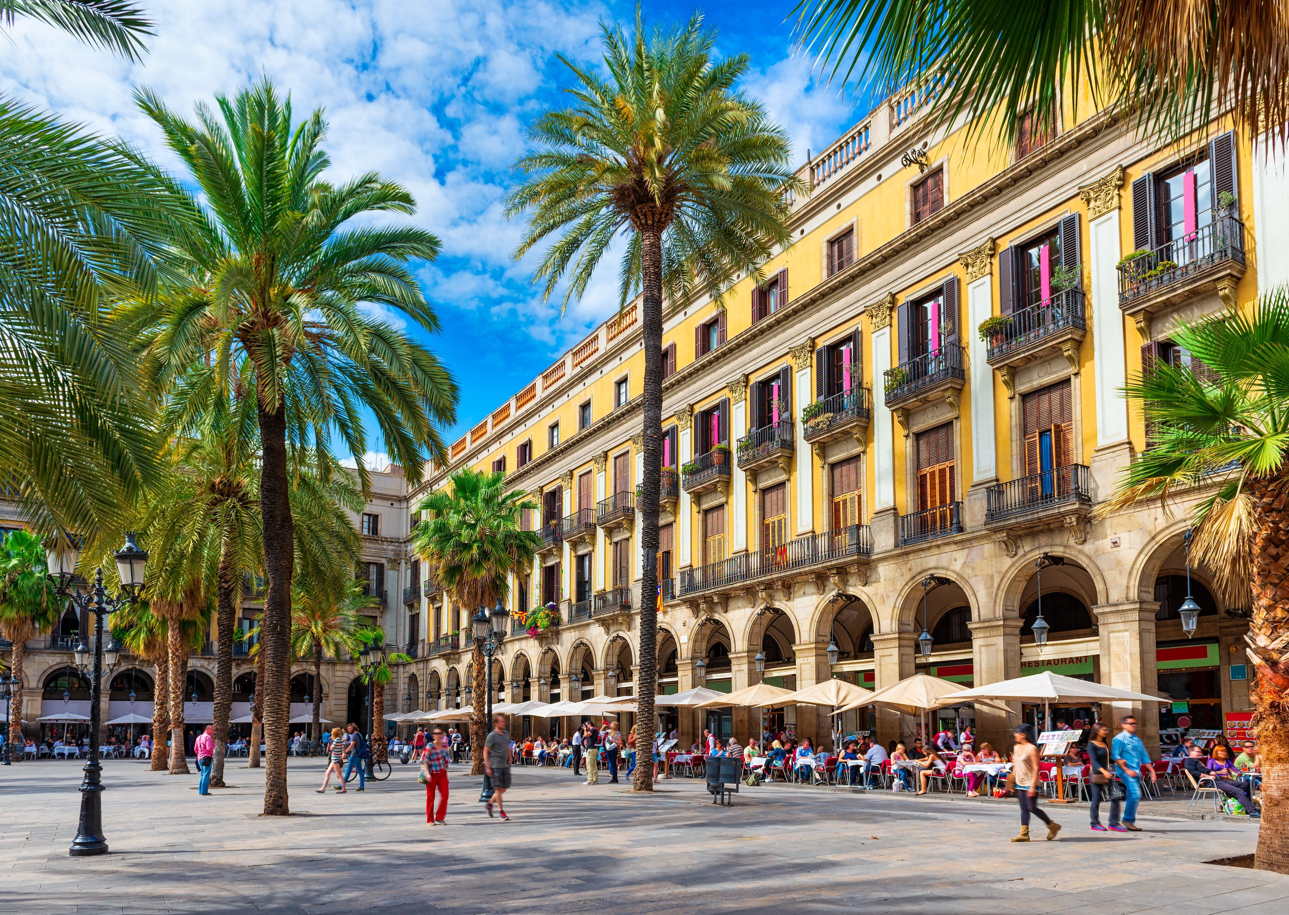A view of Plaza Real in Barcelona on a bright sunny day with palm trees and outdoor restaurant tables with umbrellas