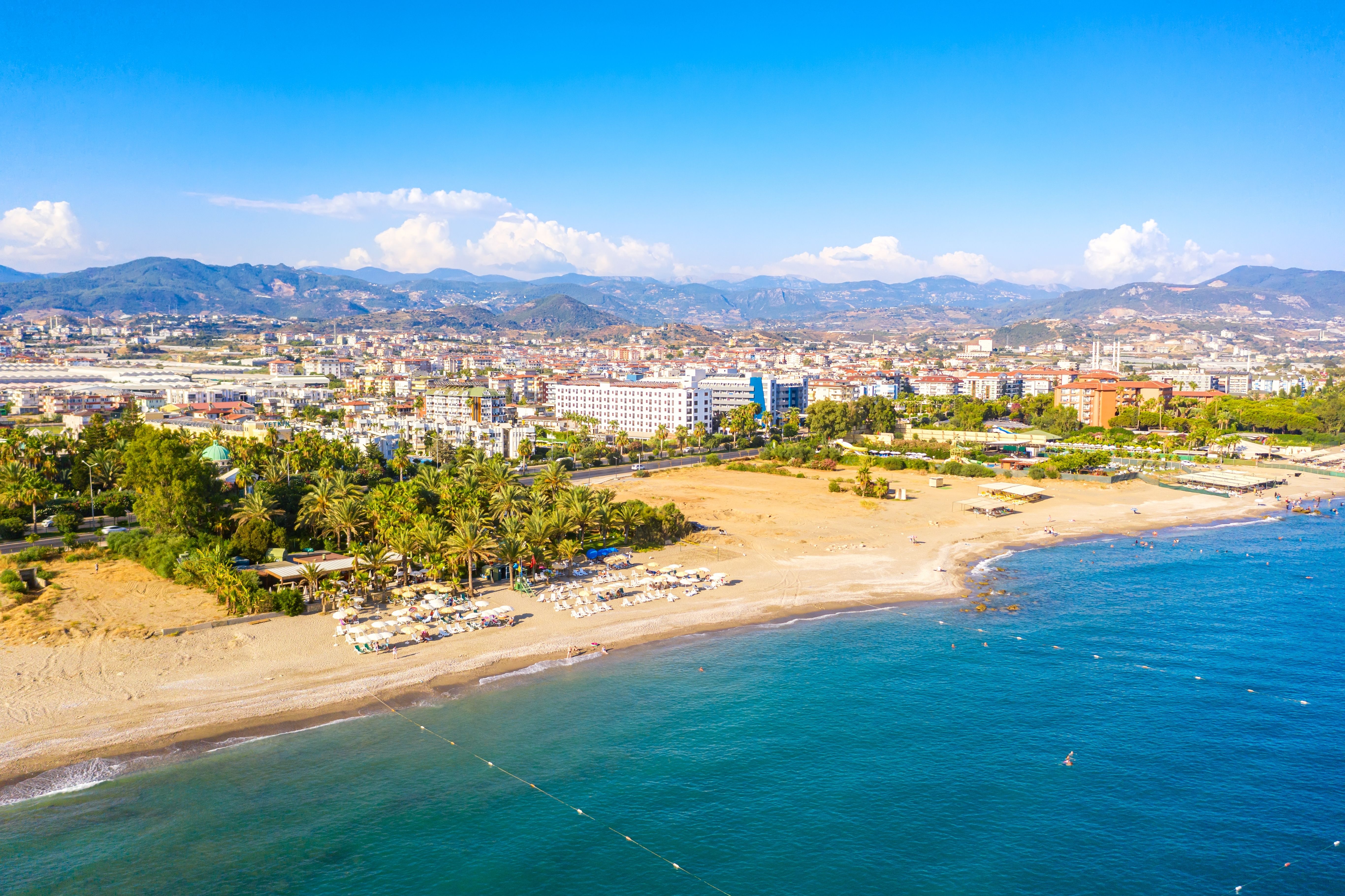 Aerial drone view of the coast in Konakli village near Alanya, Turkey