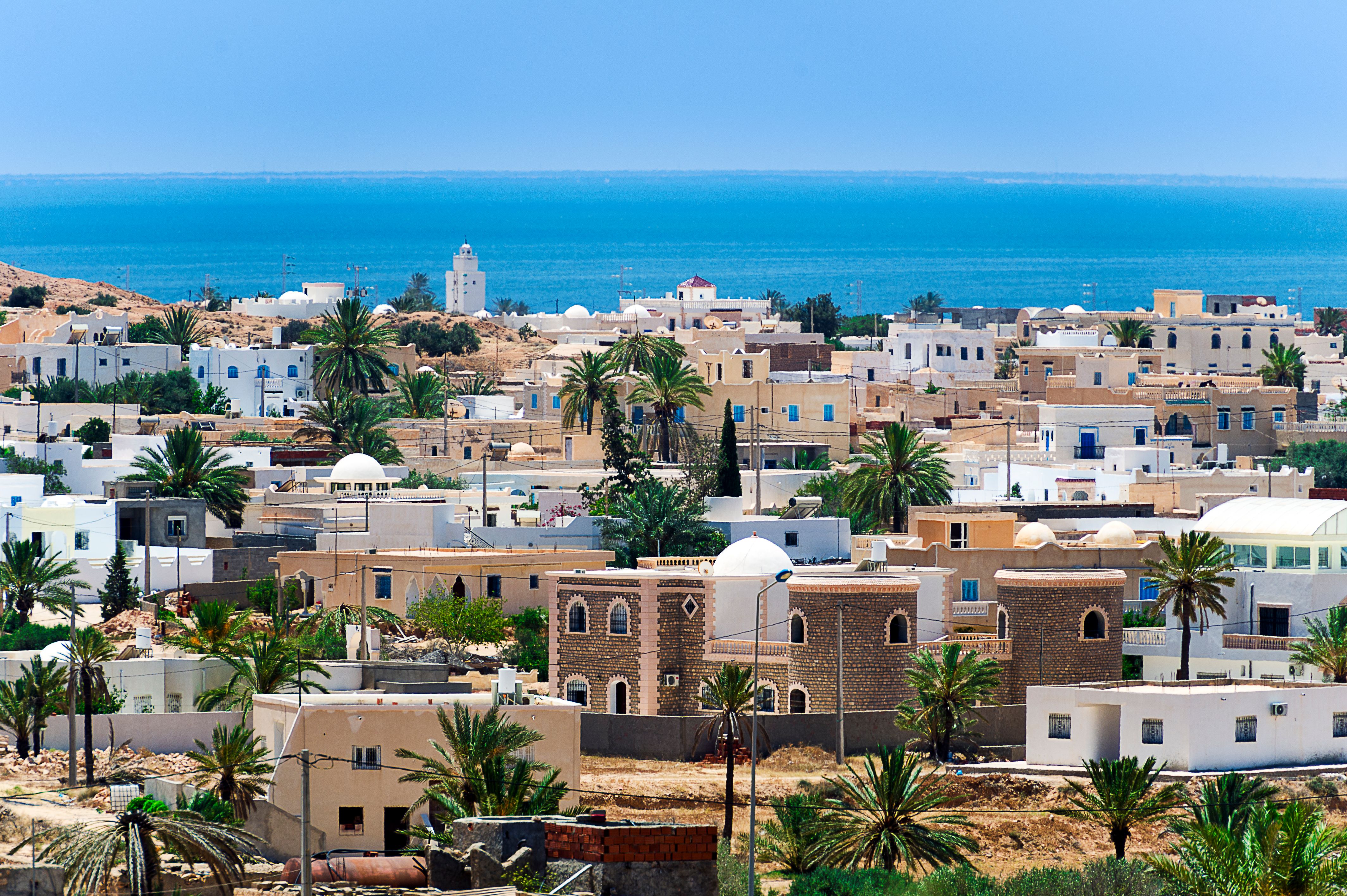 An aerial view of Djerba town and coast in Tunisia
