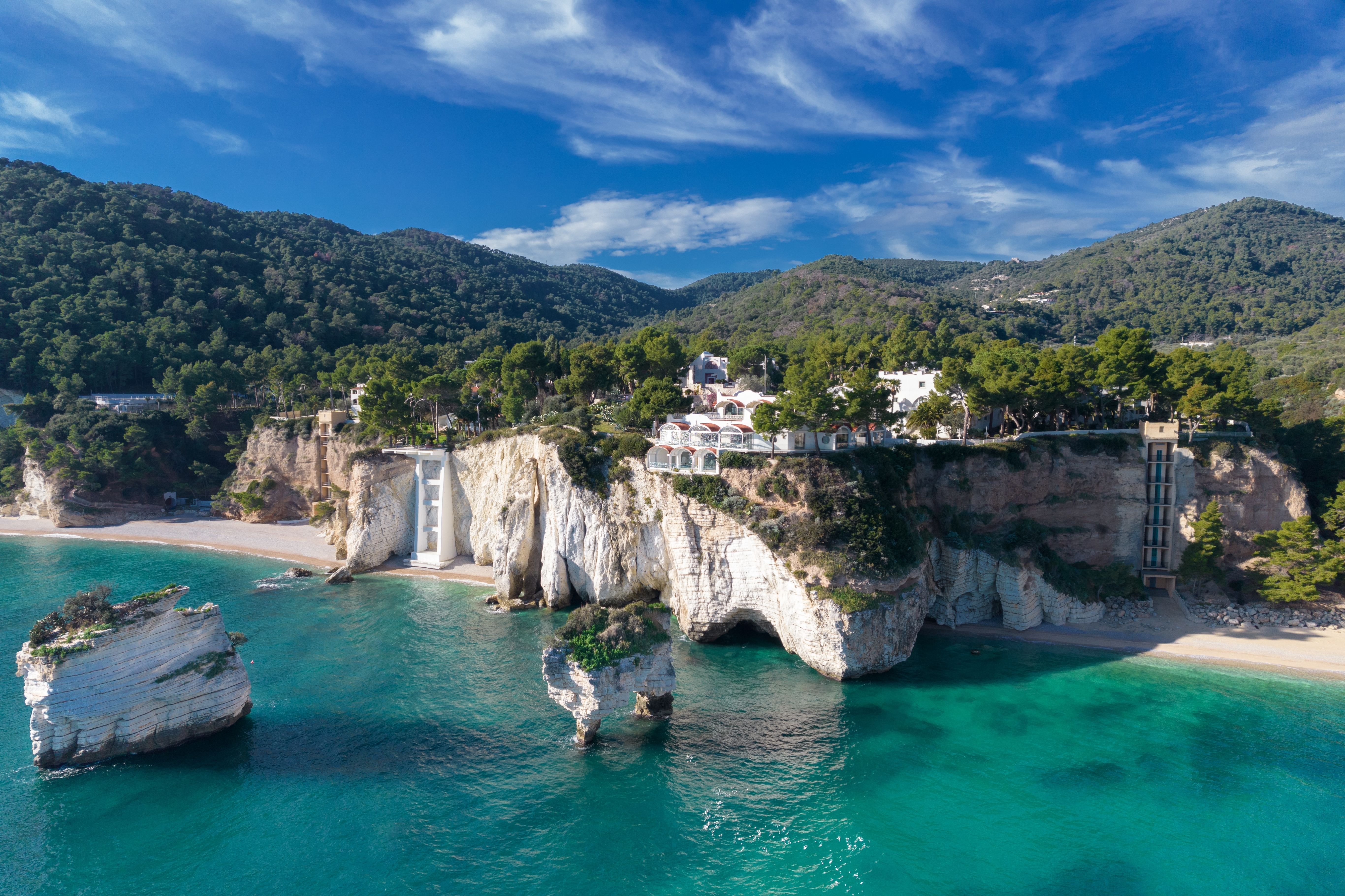 An aerial view of Baia delle zagare beach in Gargano National Park, Puglia, Italy