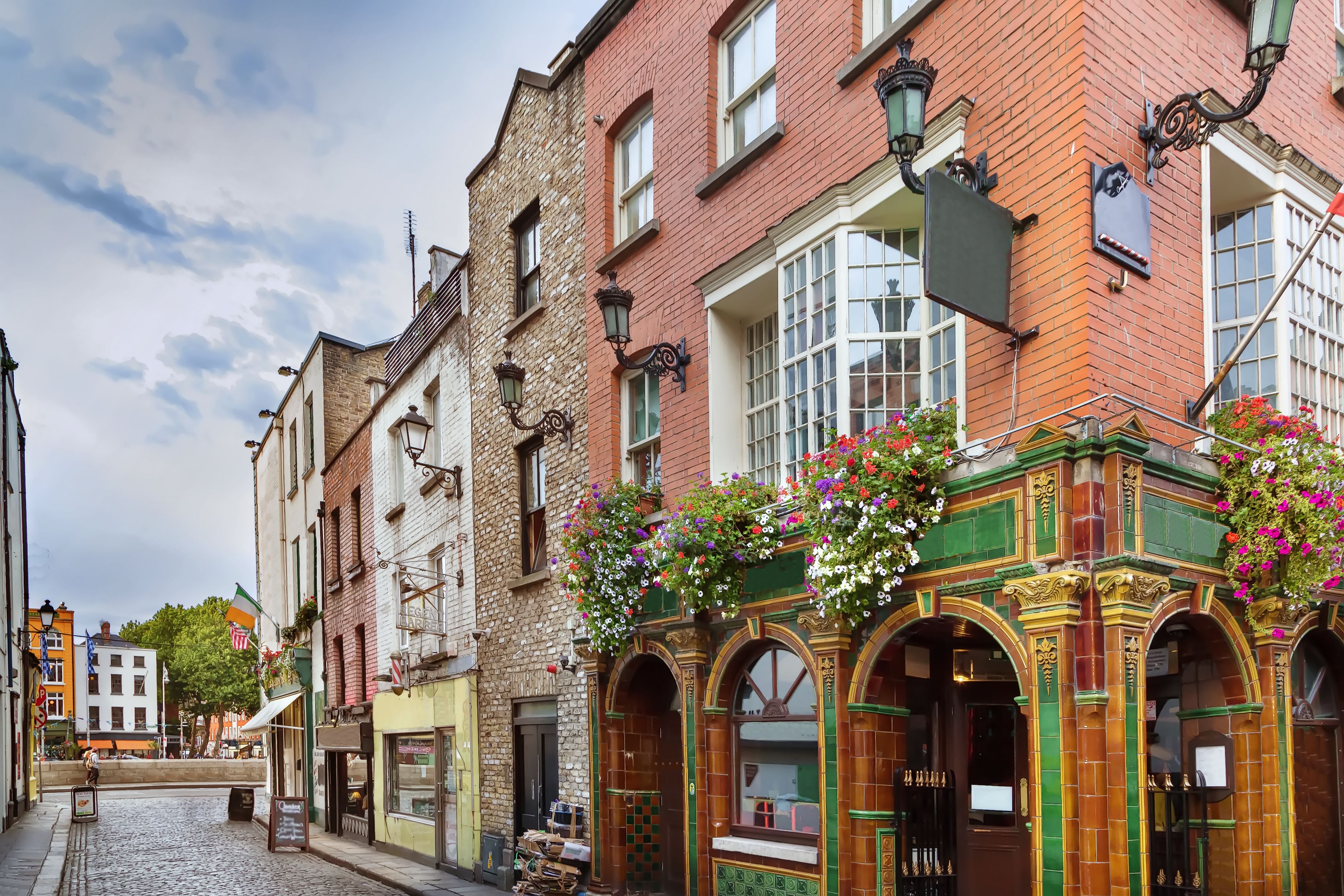A side street next to Temple Bar in Dublin on a cloudy day