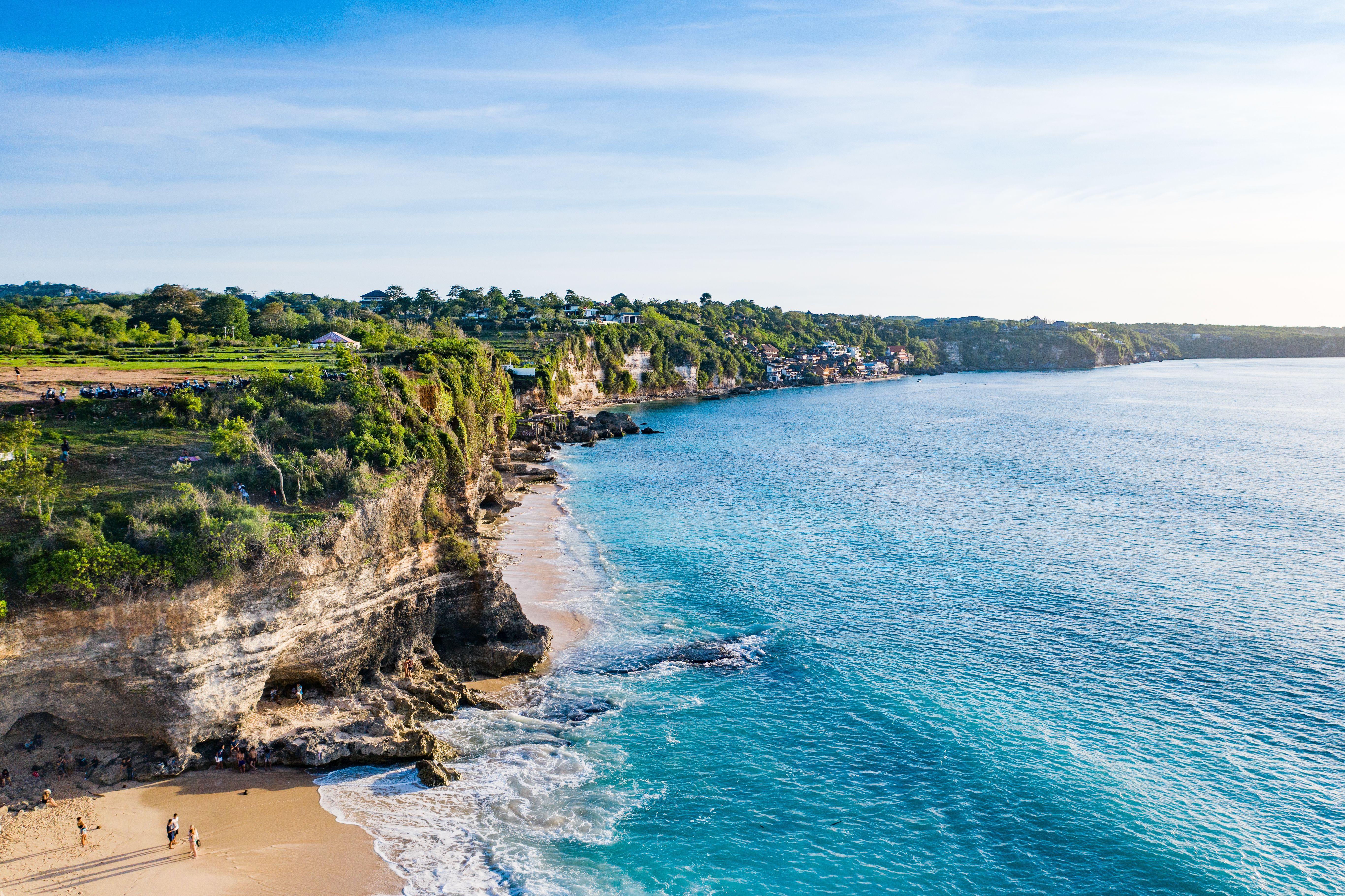 Aerial view of Dreamland Beach (also known as New Kuta Beach) in Uluwatu, Bali