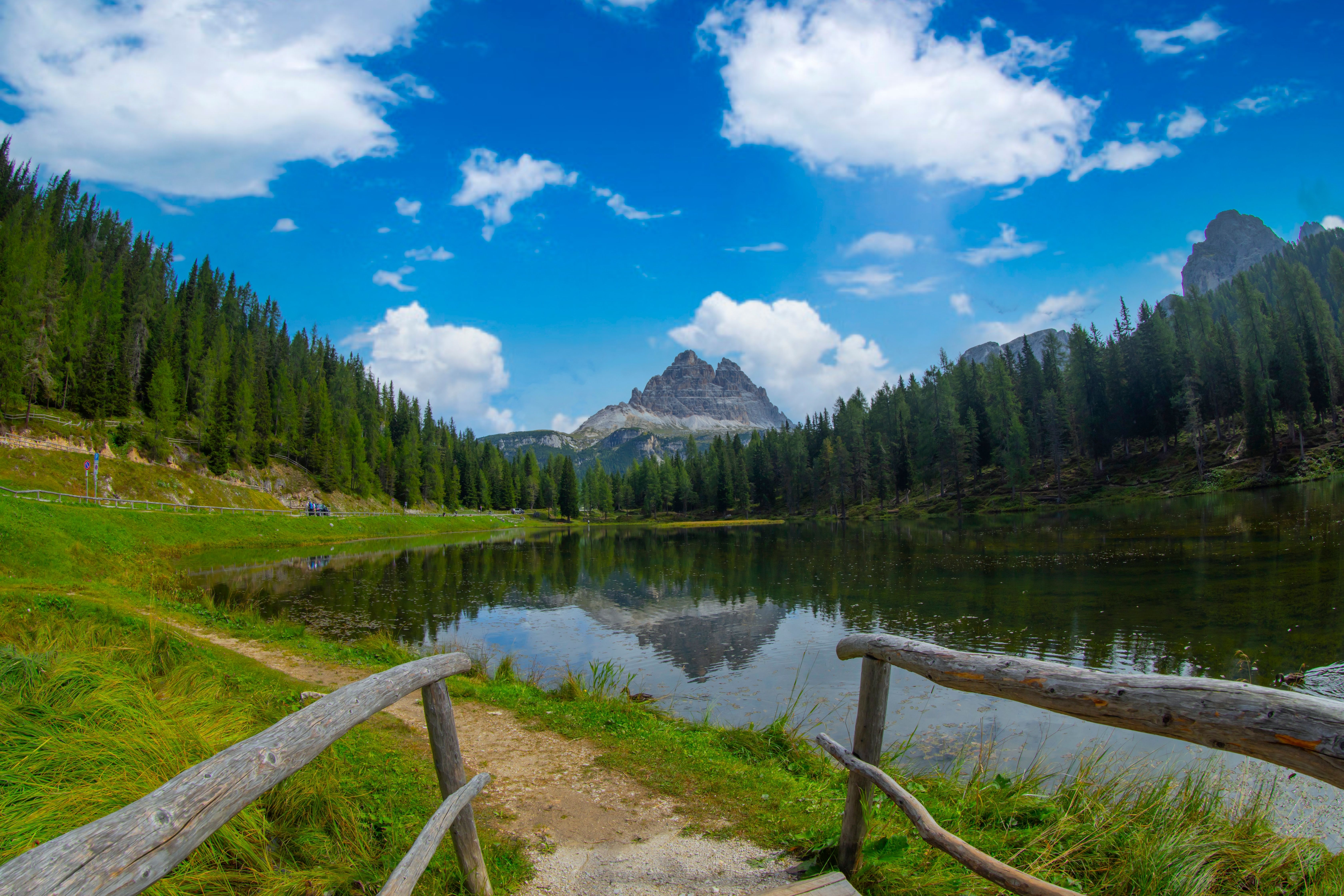 A view across a mountain lake in the Three Peaks Nature Park (Tre Cime di Lavaredo) in Italy