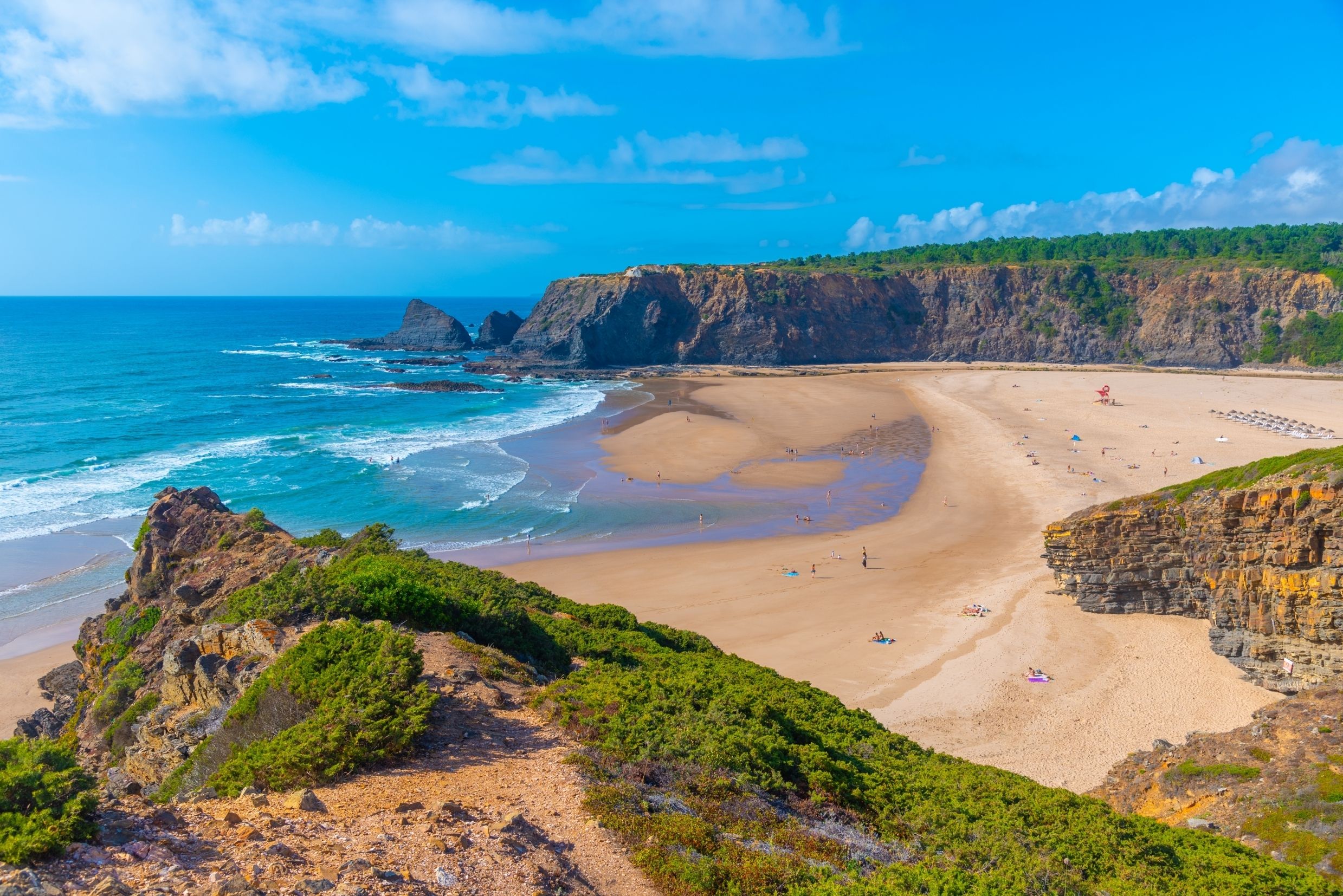 An aerial view of Praia de Odeceixe in Portugal