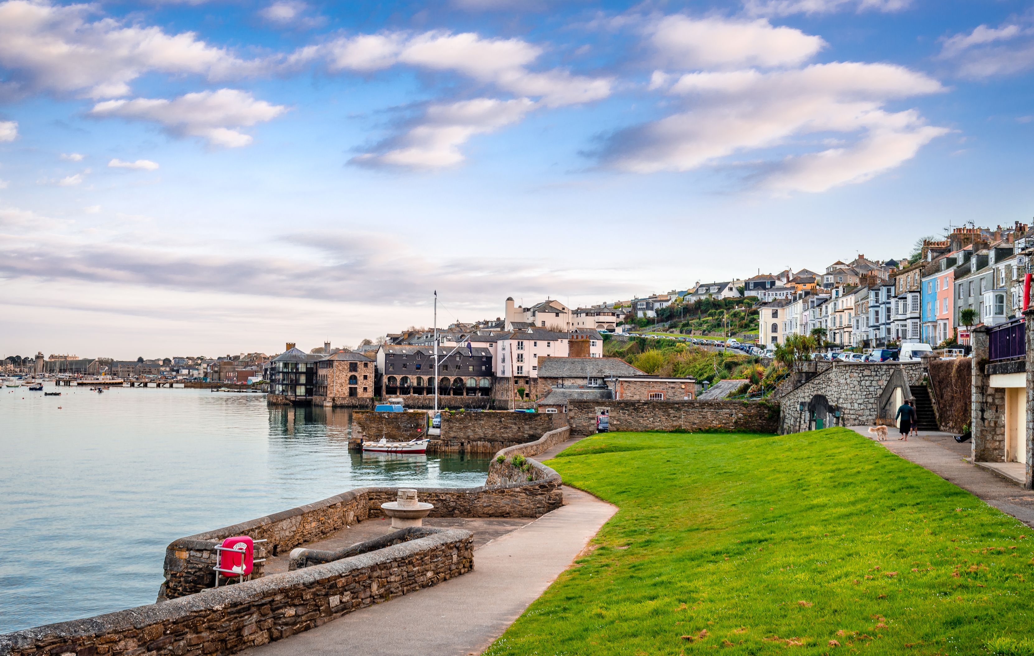 View of a colourful seaside town on a sunny day.