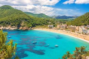 An elevated view over the beautiful bay and beach of Cala San Vicente, located in the northern part of the Balearic Island of Ibiza