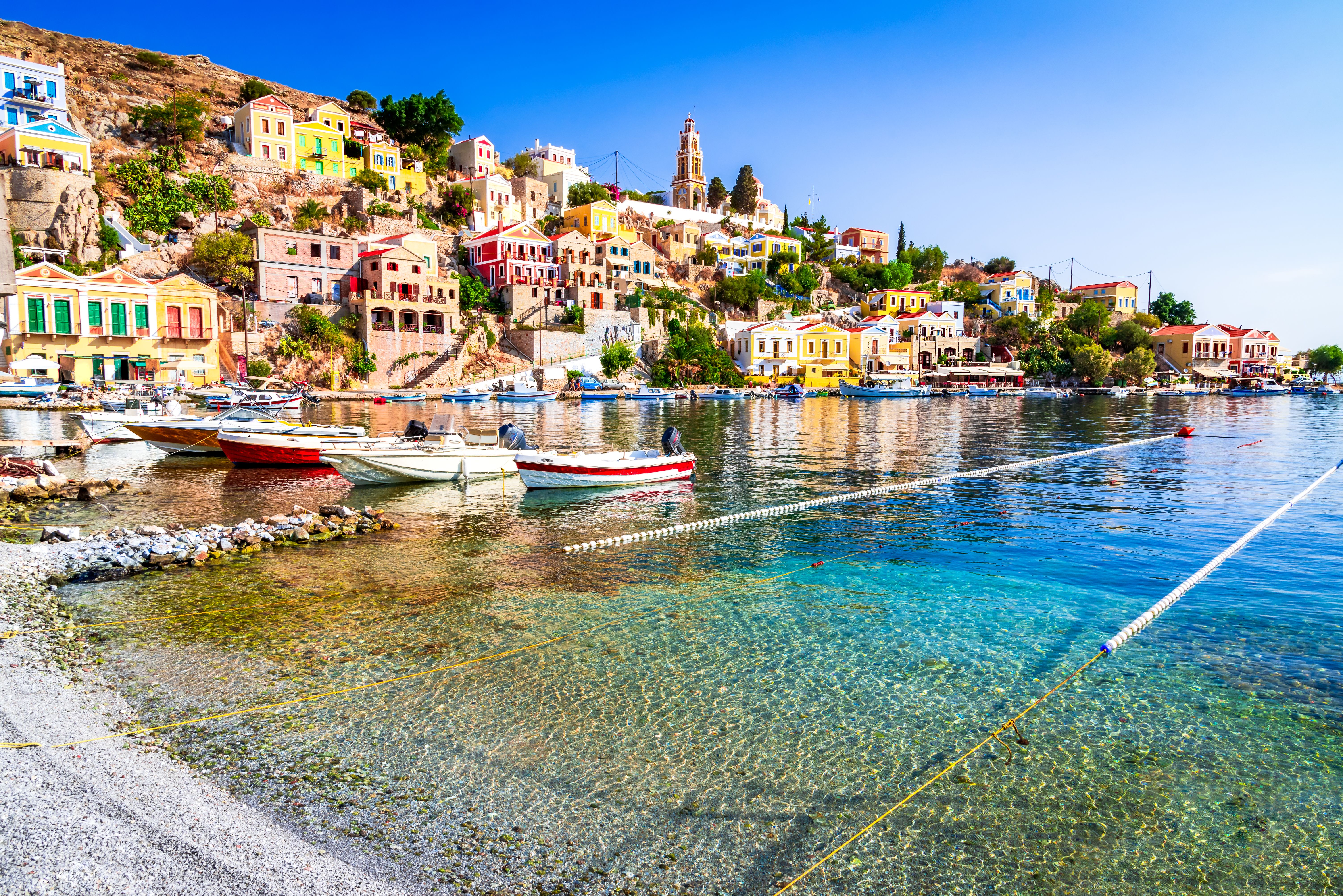 Colourful waterfront houses on Symi Island, Greece