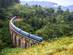 View of a blue train travelling across a huge arched bridge in a forested area in Sri Lanka