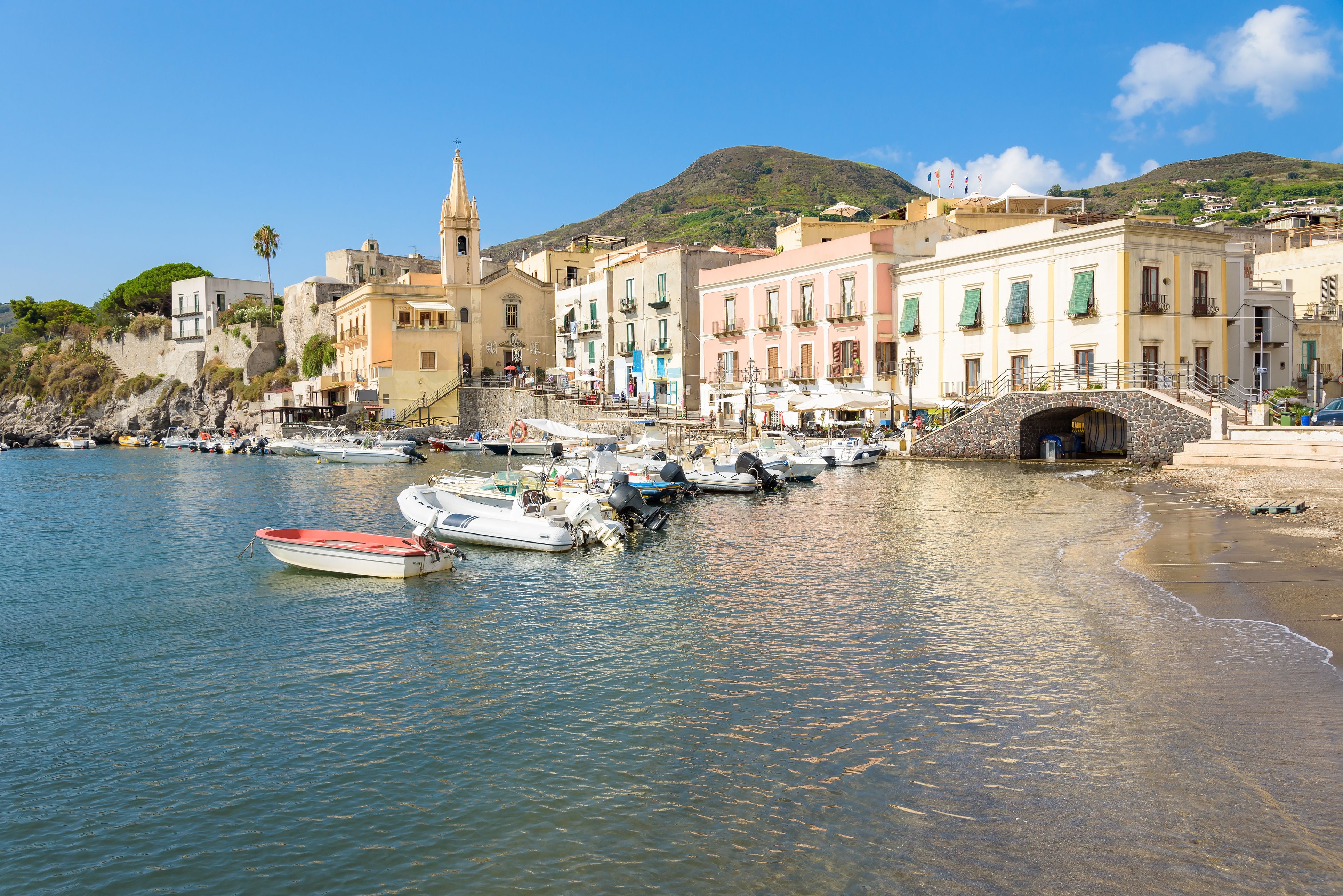 View of Lipari town from Marina Corta in Sicily