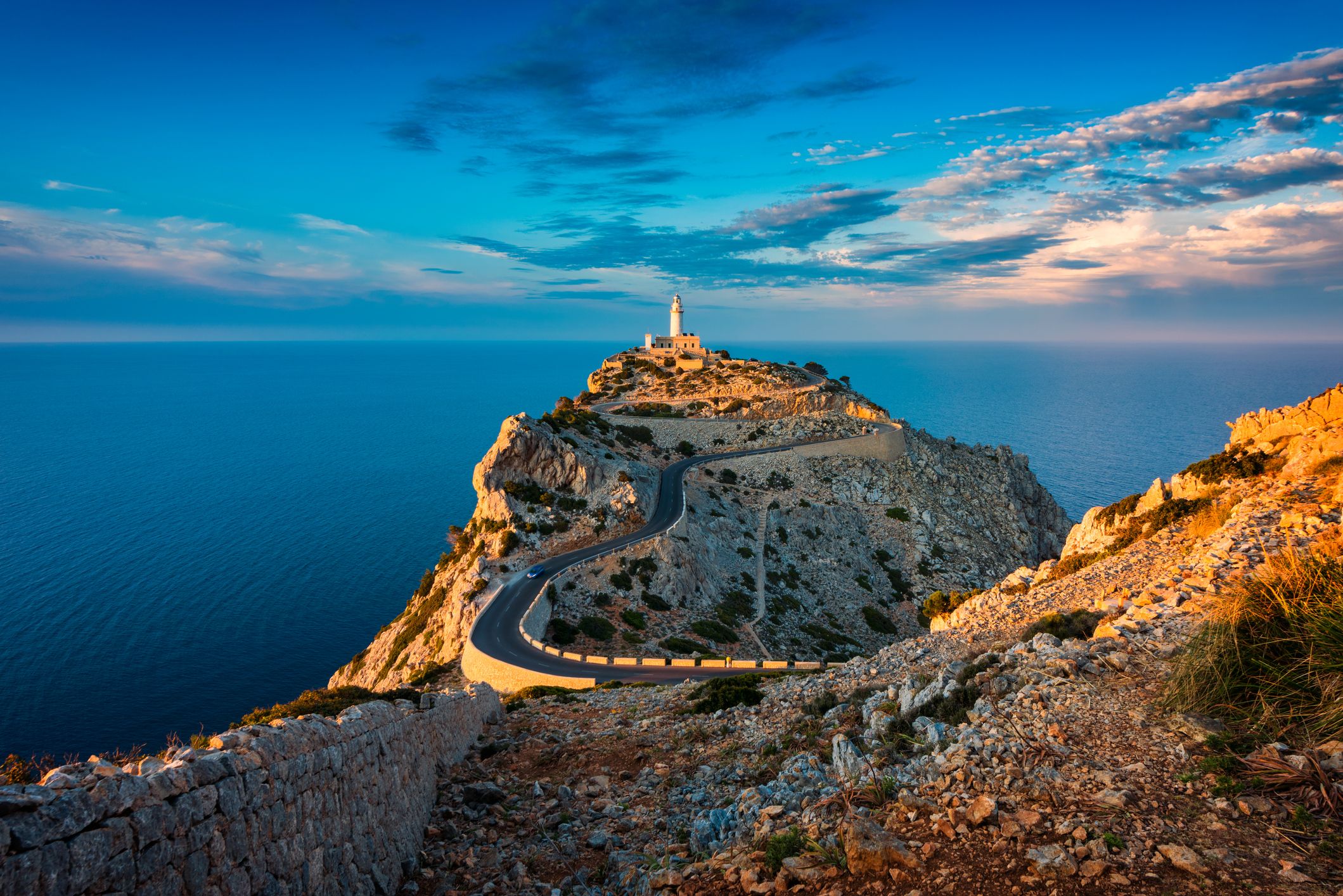 A view of Cap de Formentor lighthouse at sunset in Majorca