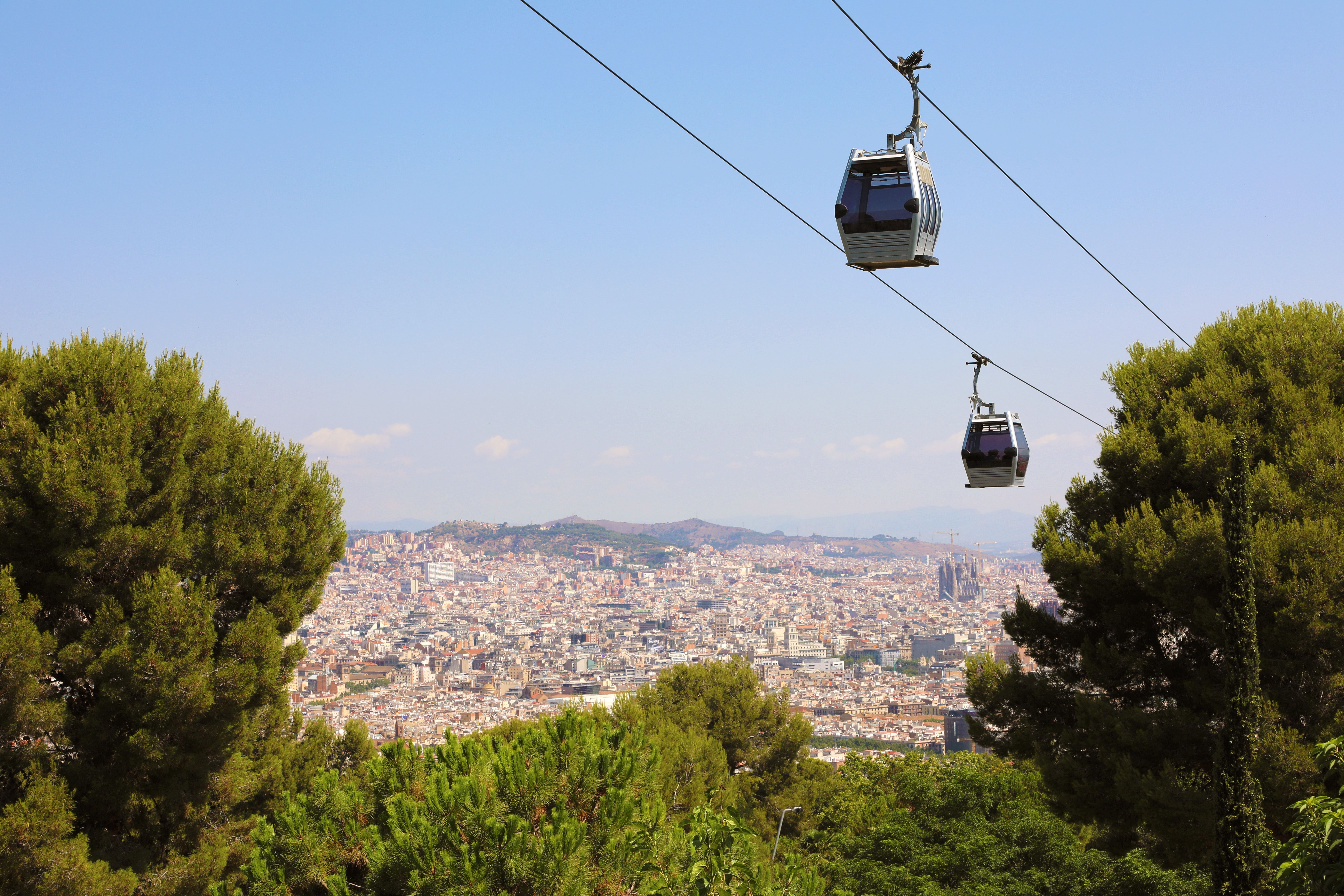 Barcelona city aerial view with Montjuic cable car (Teleferic de Montjuic)