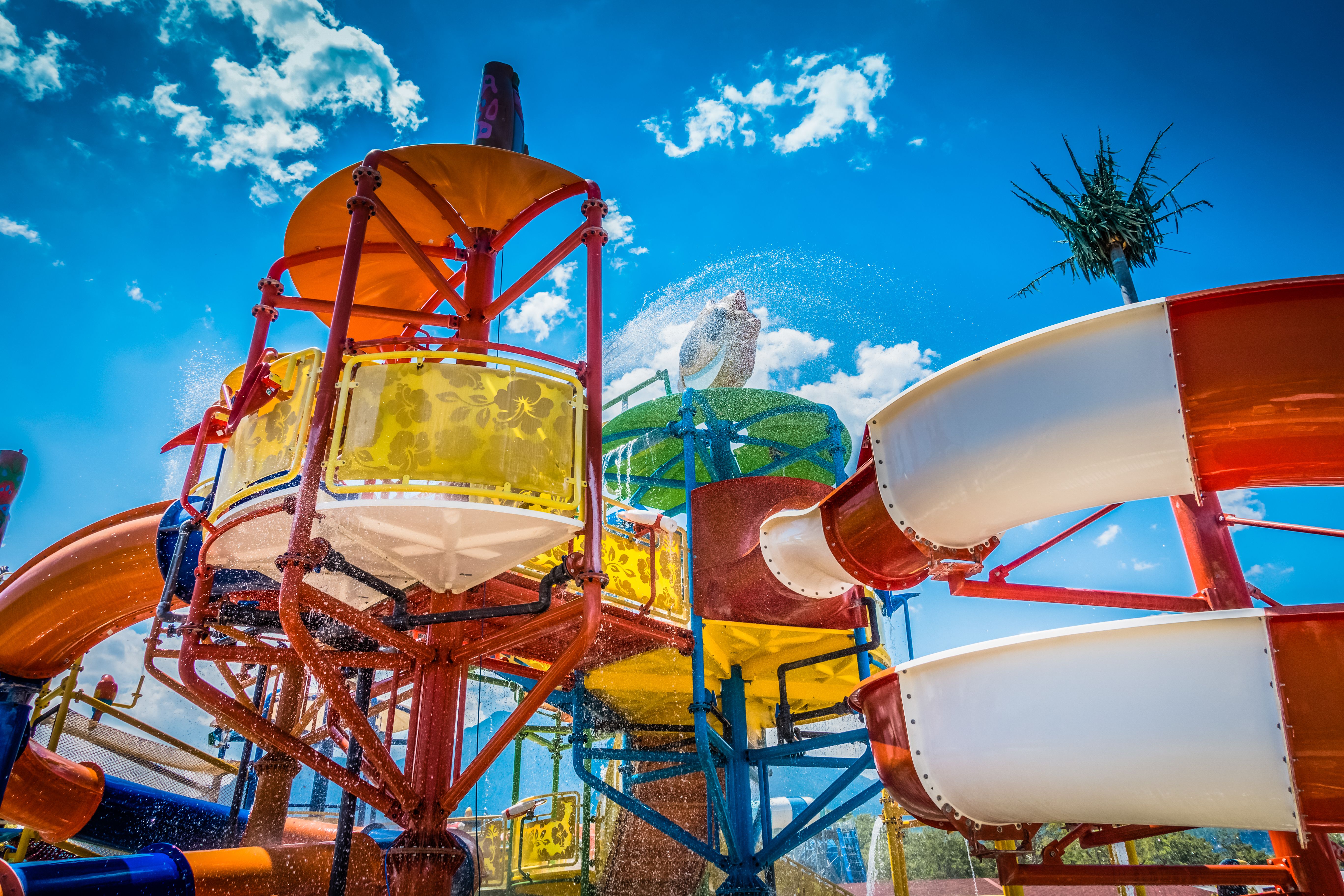 Close up view of colourful slides as a children's water park