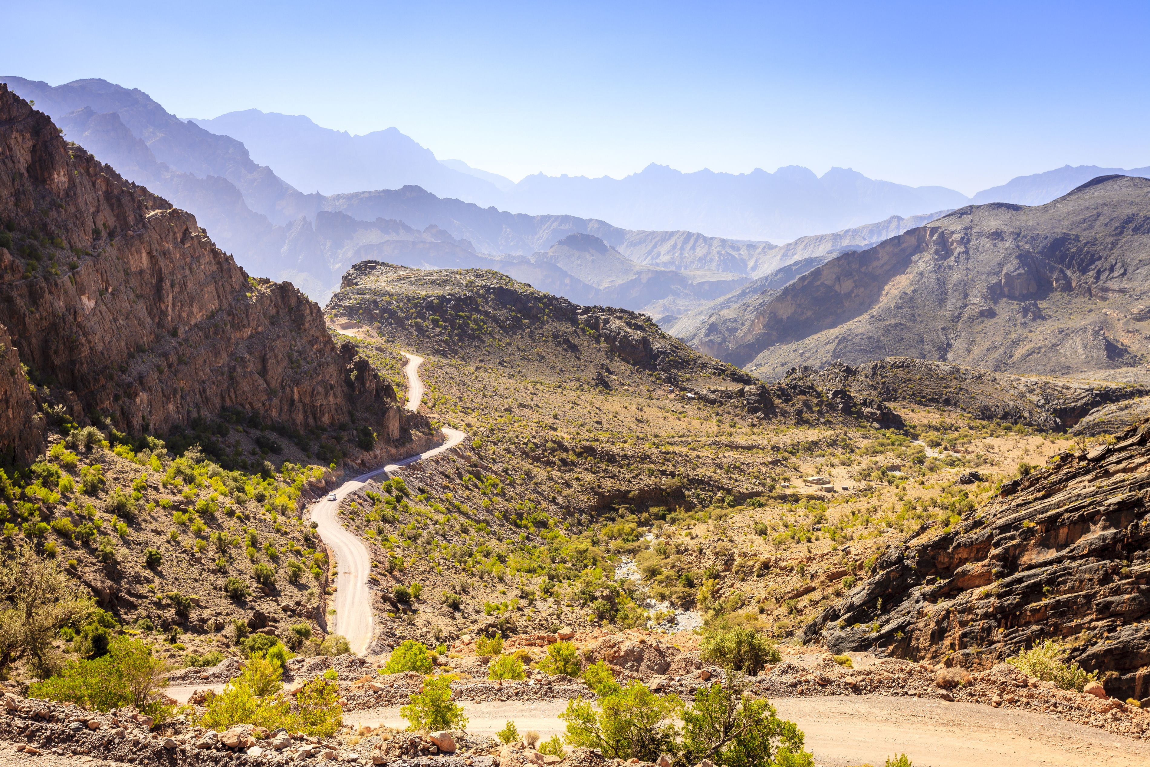 Scenic view of a road through the Al Hajar mountains in Oman
