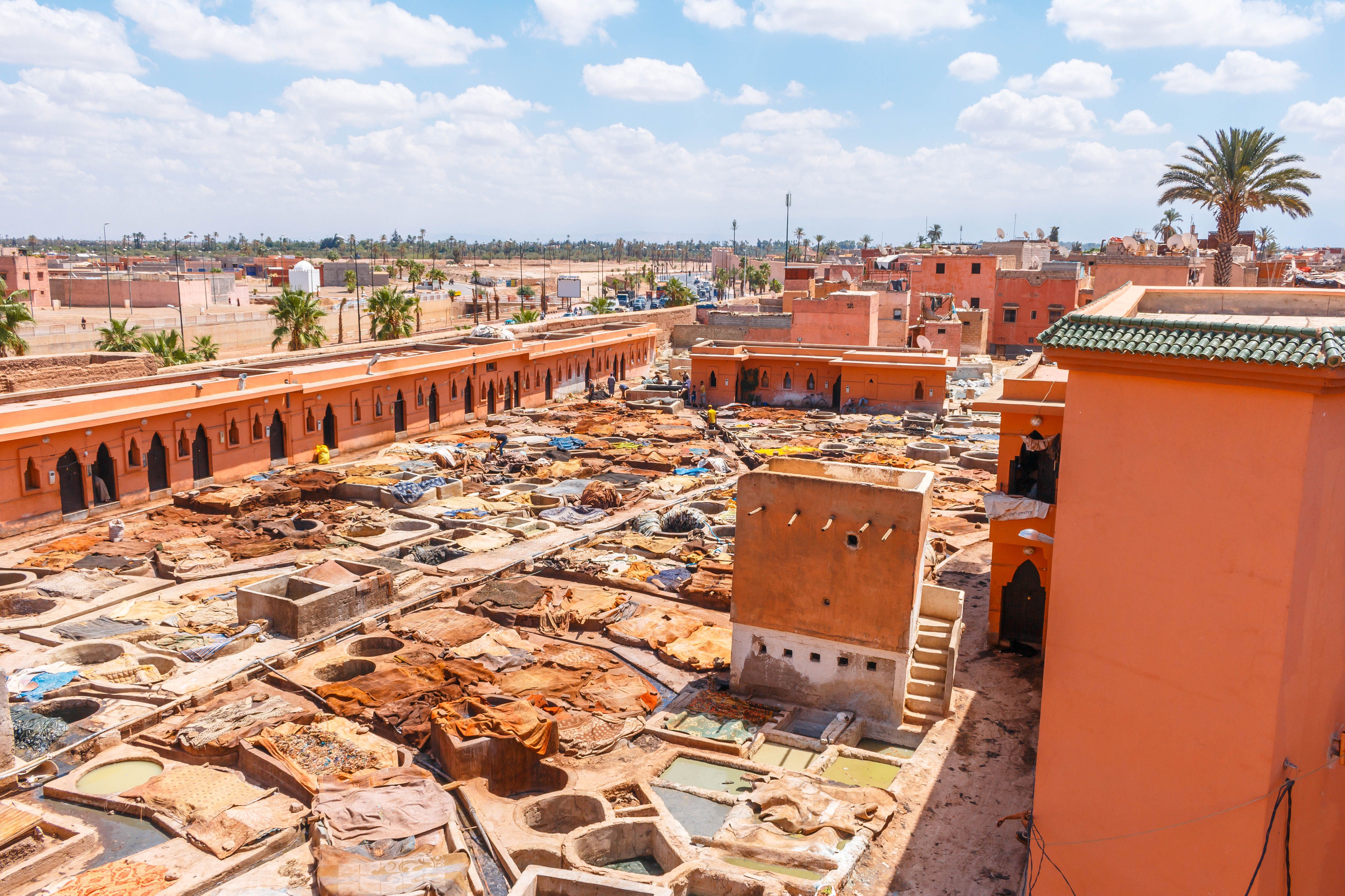 An aerial view of a tannery in Marrakesh Medina, Morocco