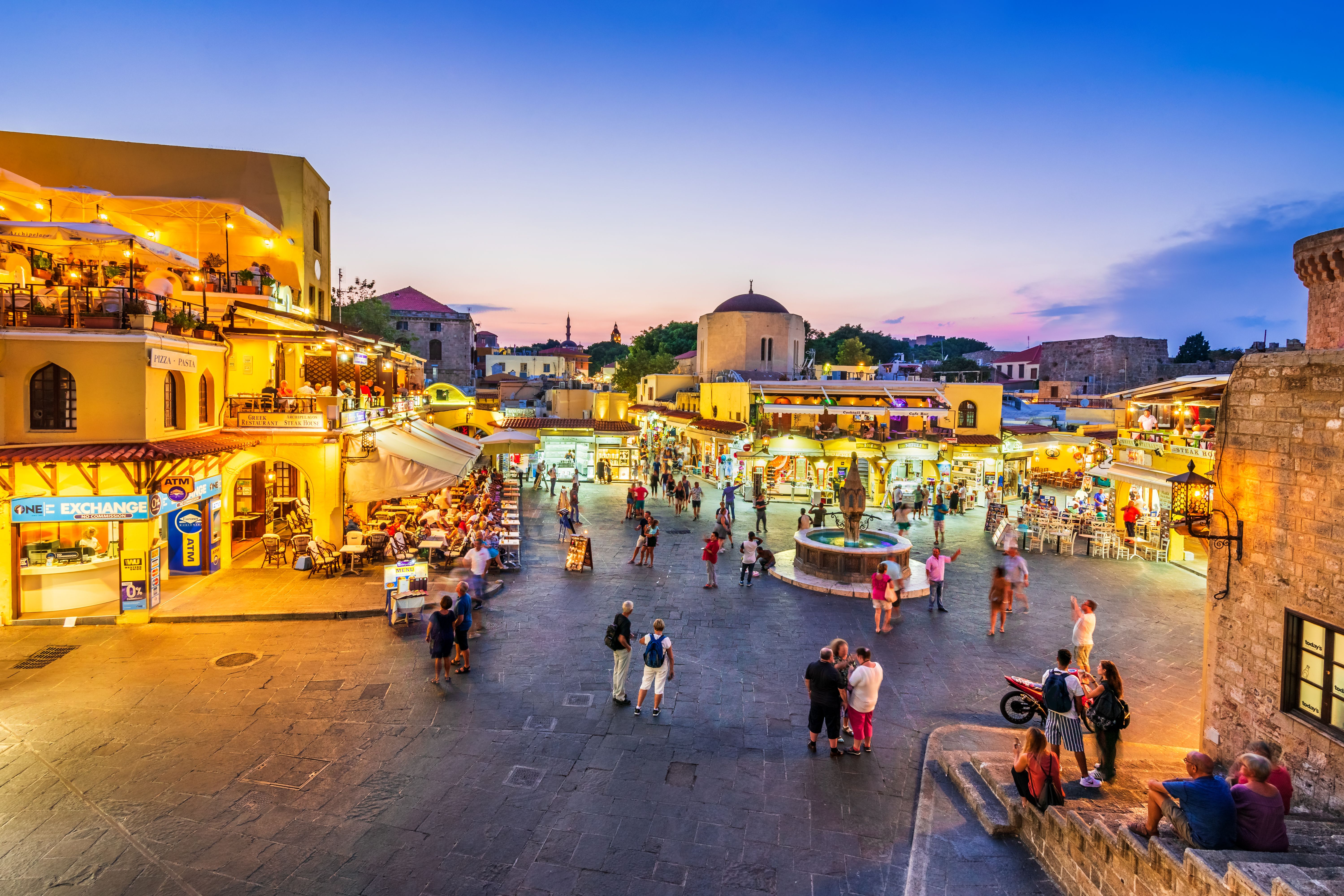 A view of Hippocrates square in Rhodes Old Town at sunset