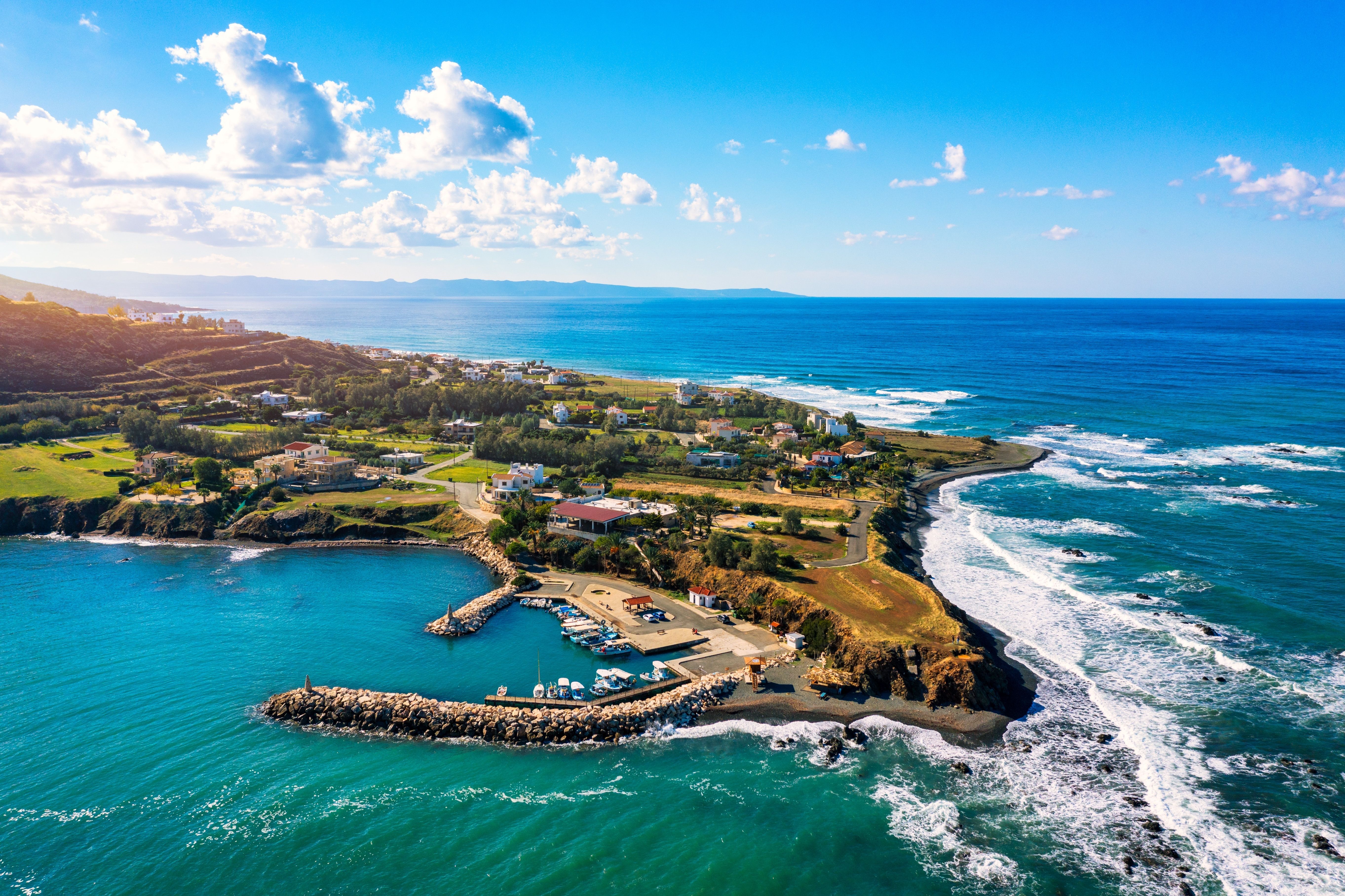 Aerial view of Pomos harbour and surrounding coast in Cyprus