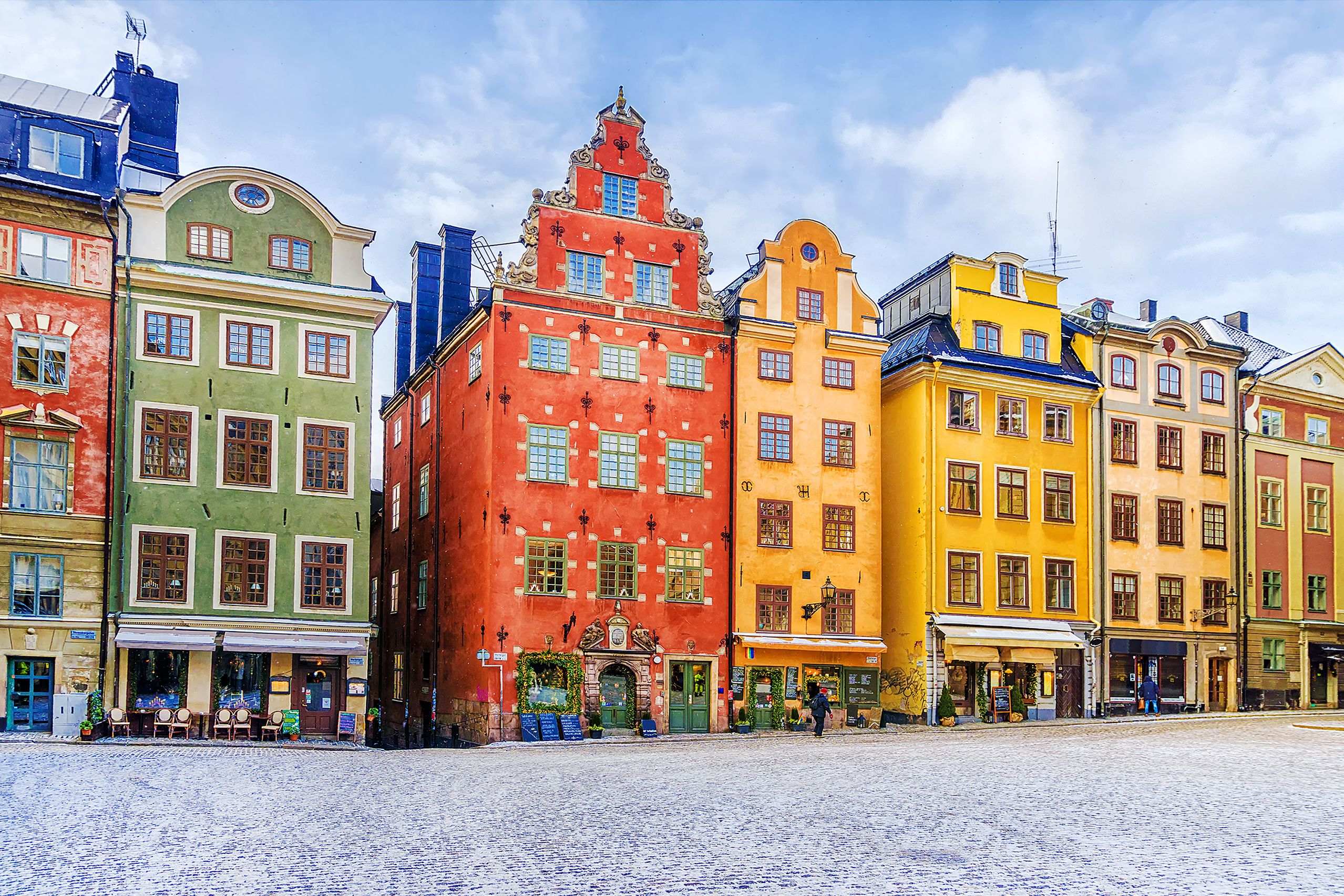 A row of colourful buildings in Stockholm city centre on a winter's day