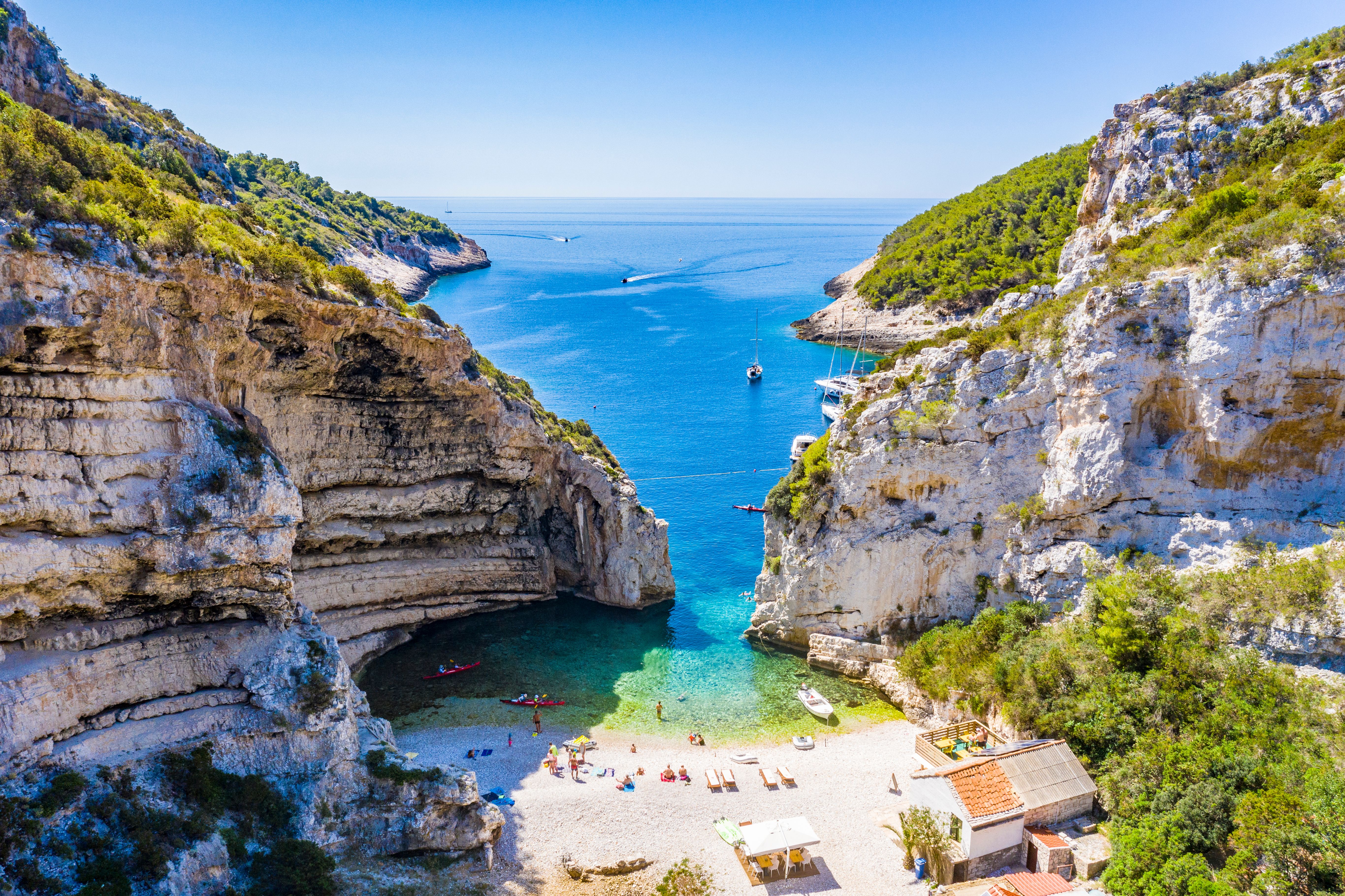 An aerial view of Stiniva beach on Vis Island in Croatia