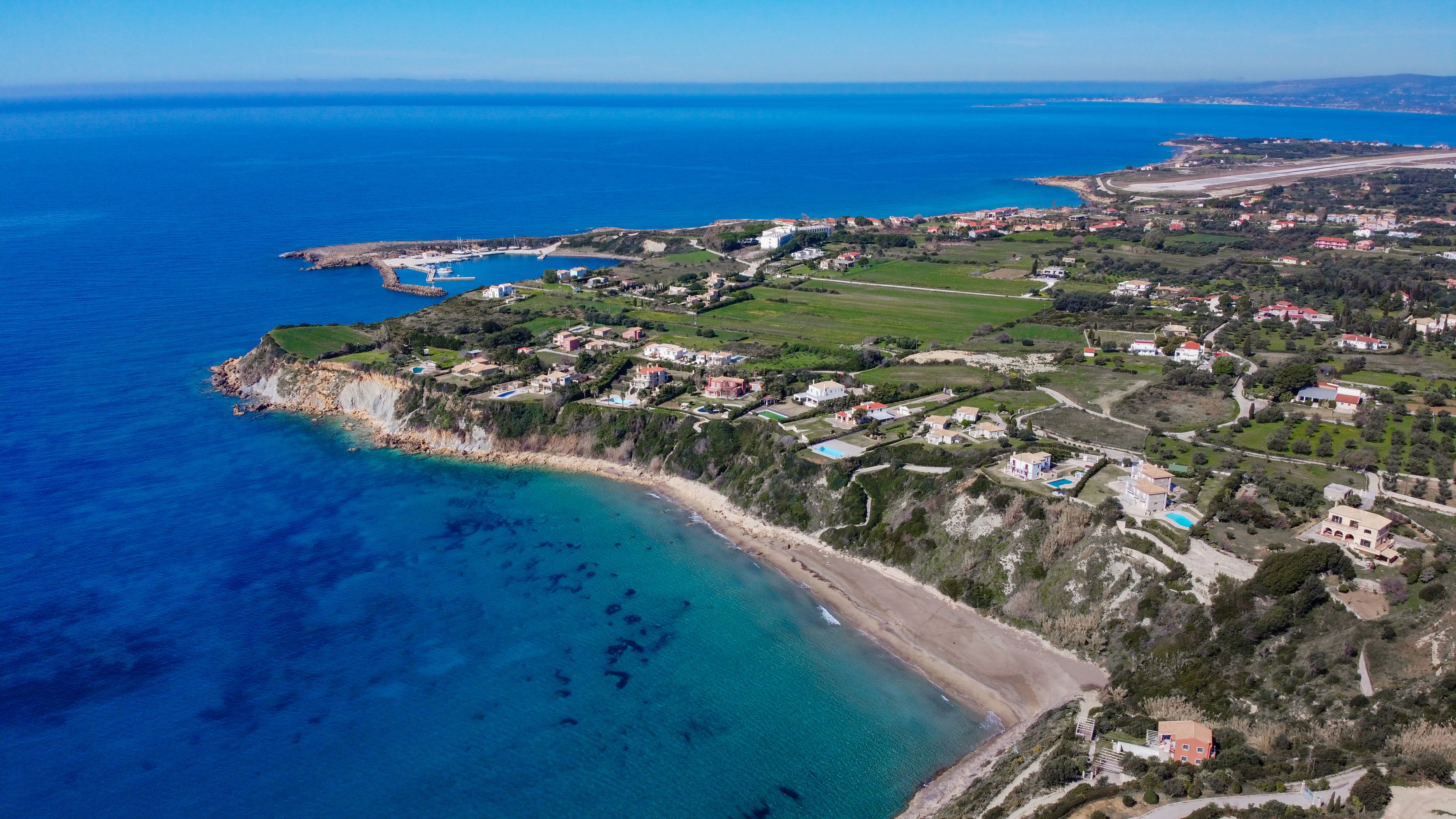 Aerial view of Svoronata village and coastline in Kefalonia