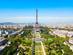 A view of the Eiffel Tower and Champ de Mars in Paris on a bright blue day