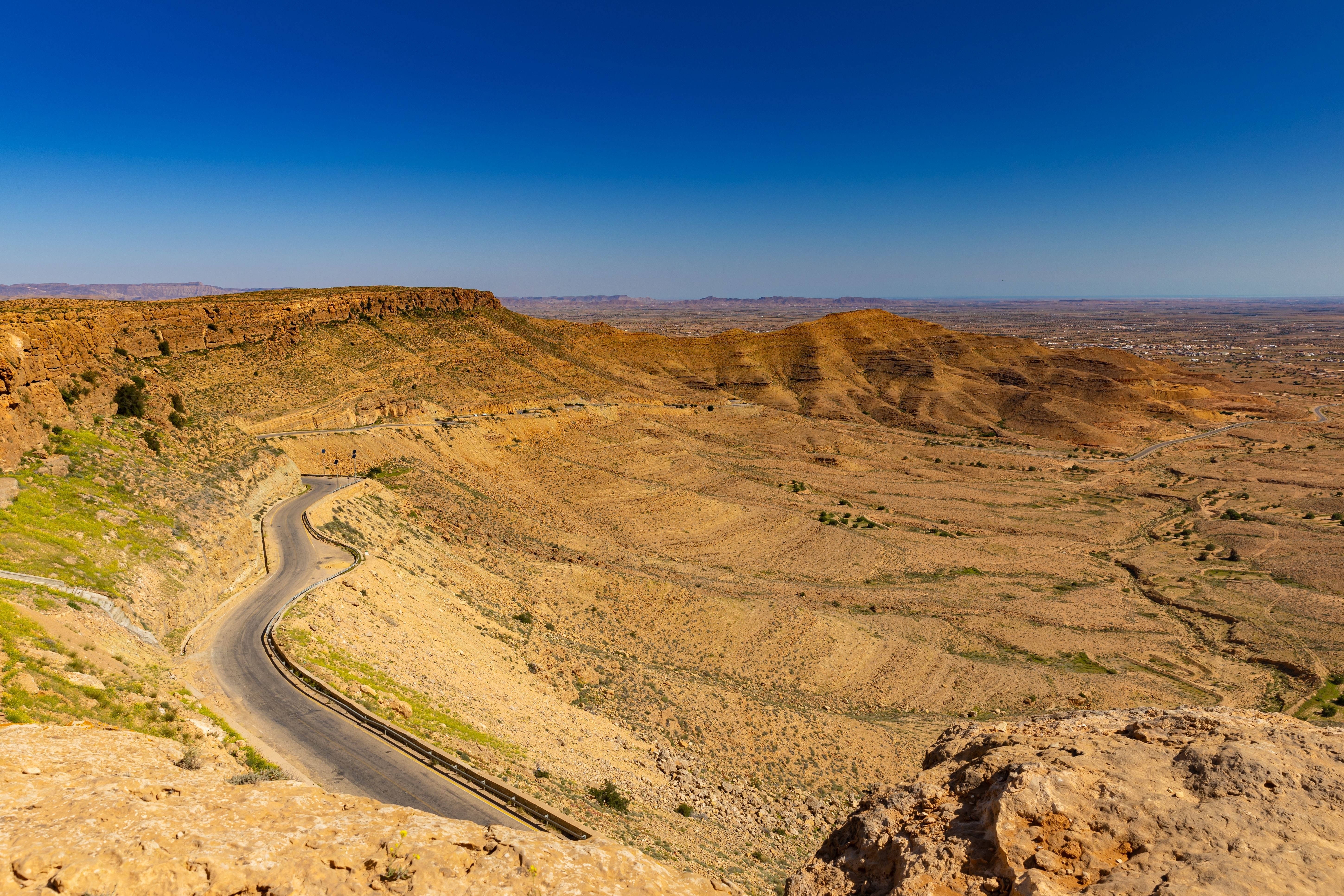 View of the rocky Dahar Mountains in Tunisia and the surrounding desert landscape