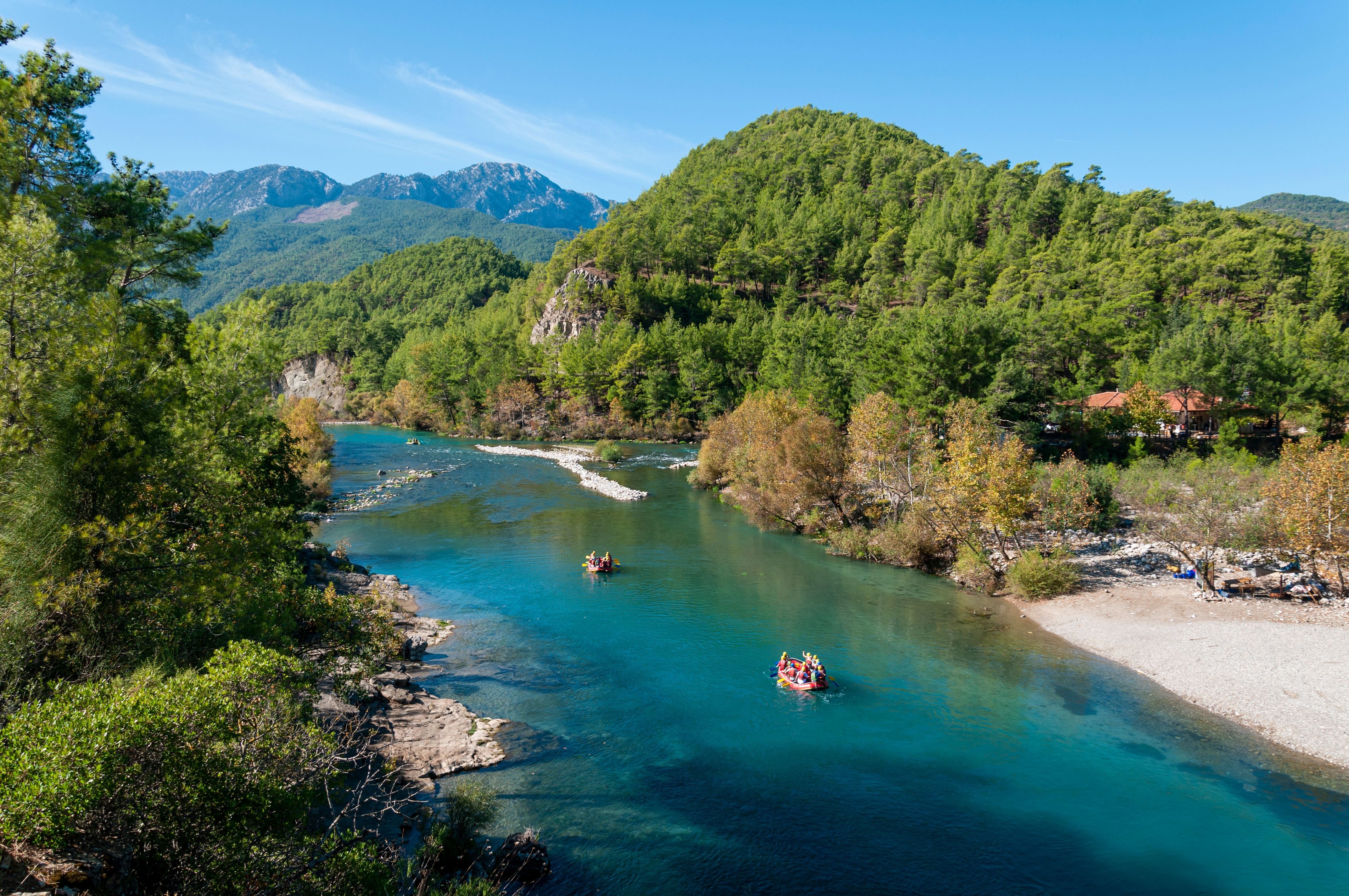 Raft boats sailing down in the river of Köprülü Kanyon National Park in Antalya, Turkey