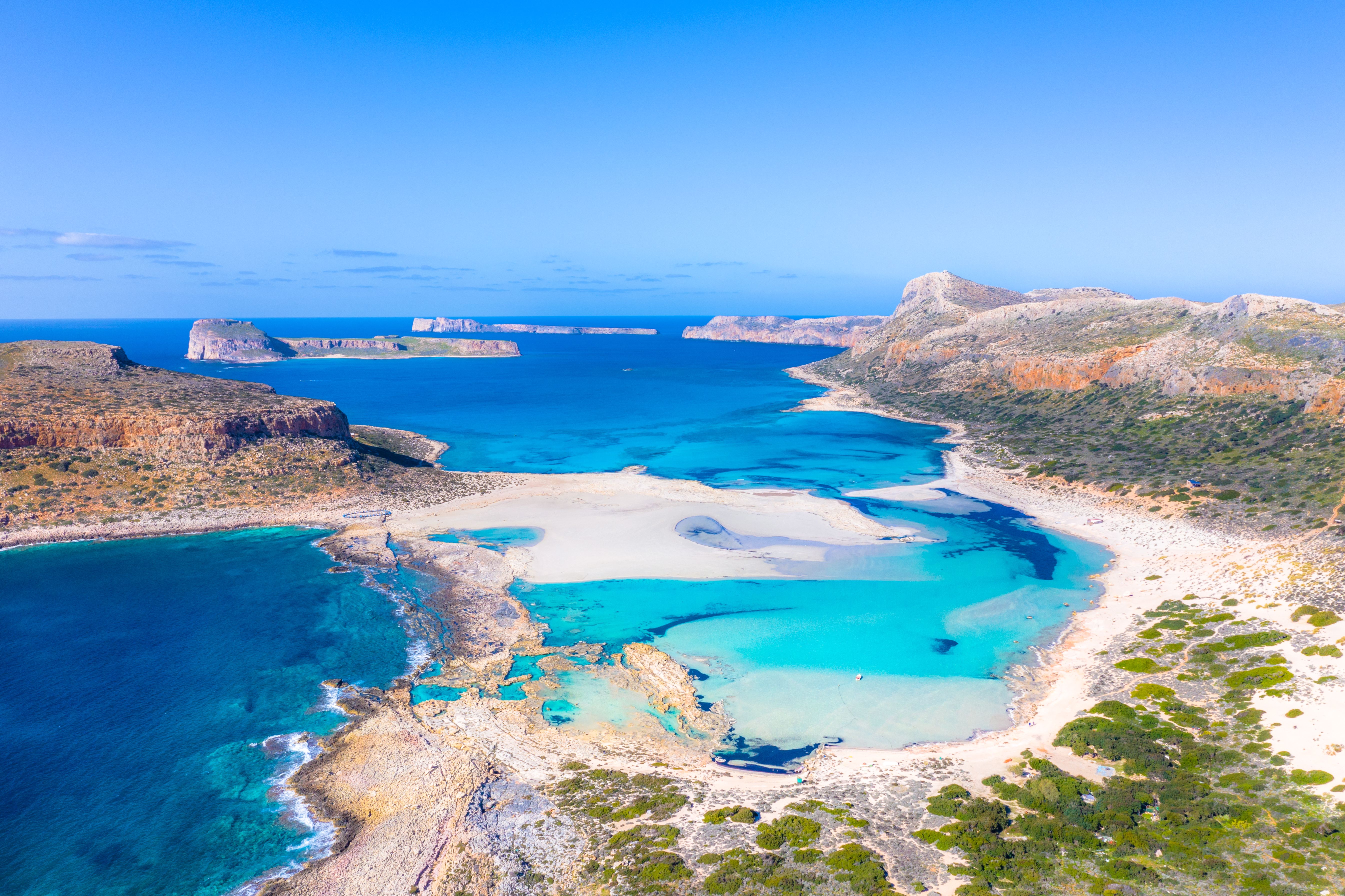An aerial view of Balos beach and lagoon in Crete, Greece