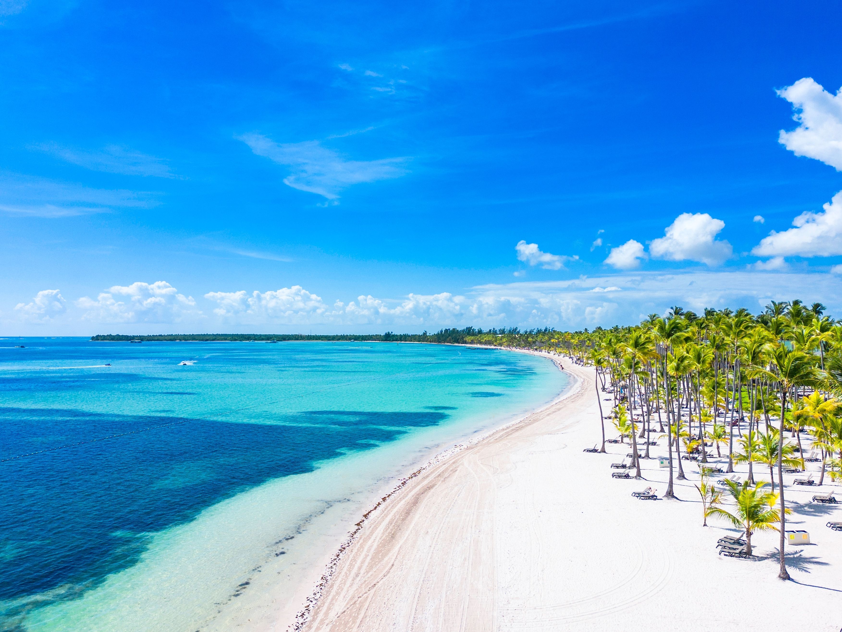 Aerial view of a pristine white-sand lined palm trees and lapped by crystal-clear turquoise water.
