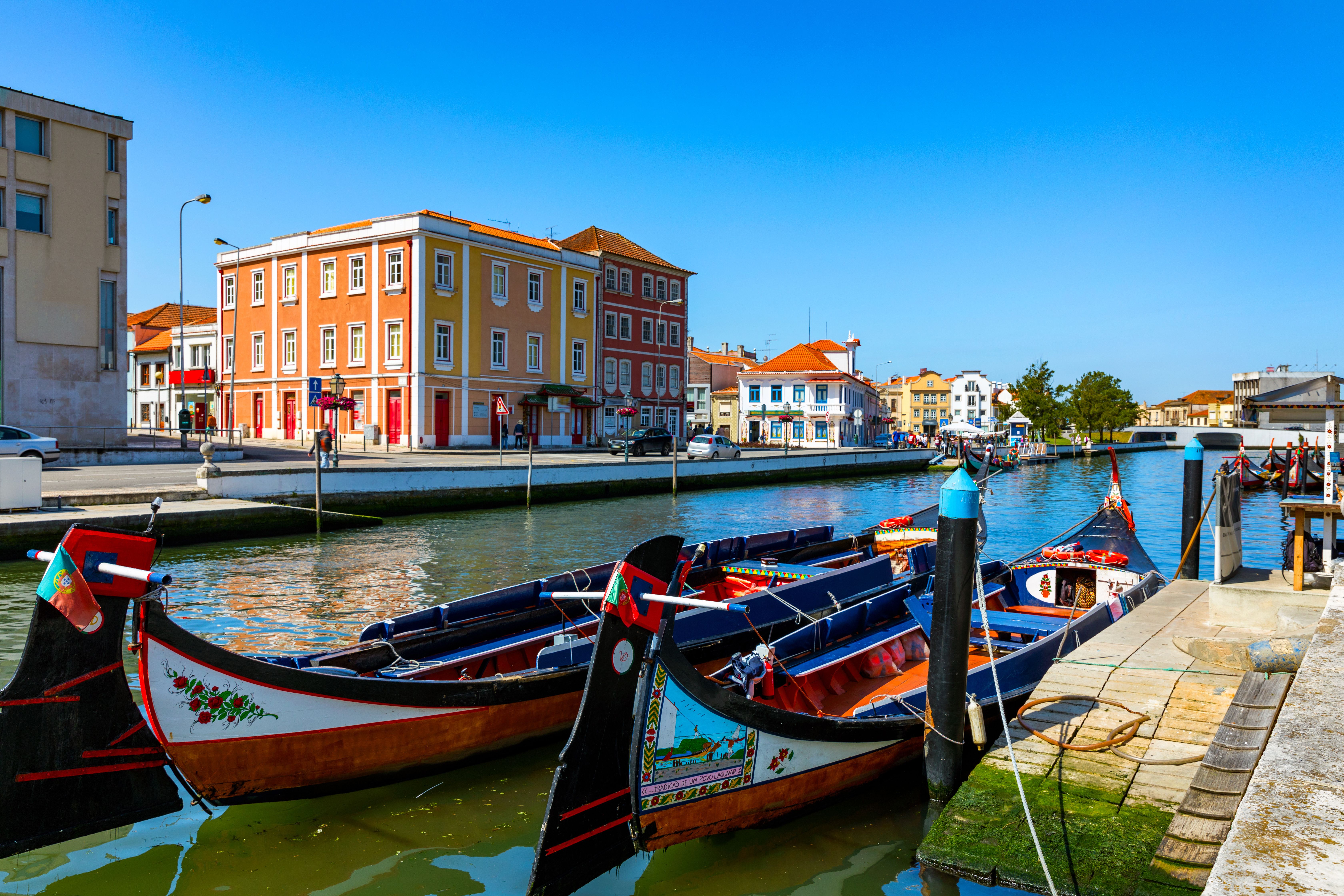 Traditional colourful canal boats in the town of Aveiro in Portugal