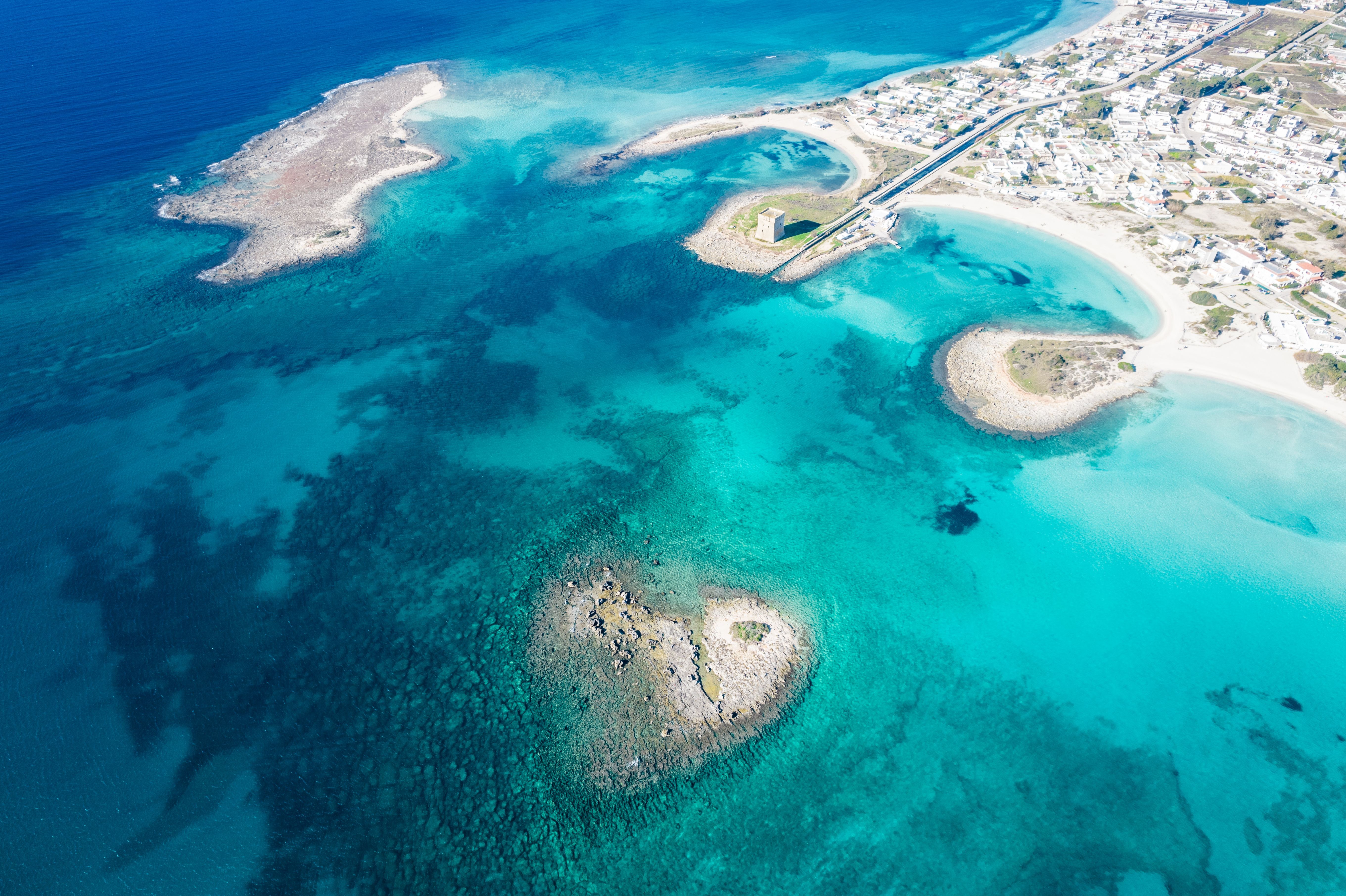 Aerial view of the beaches of Porto Cesareo in Puglia, Italy