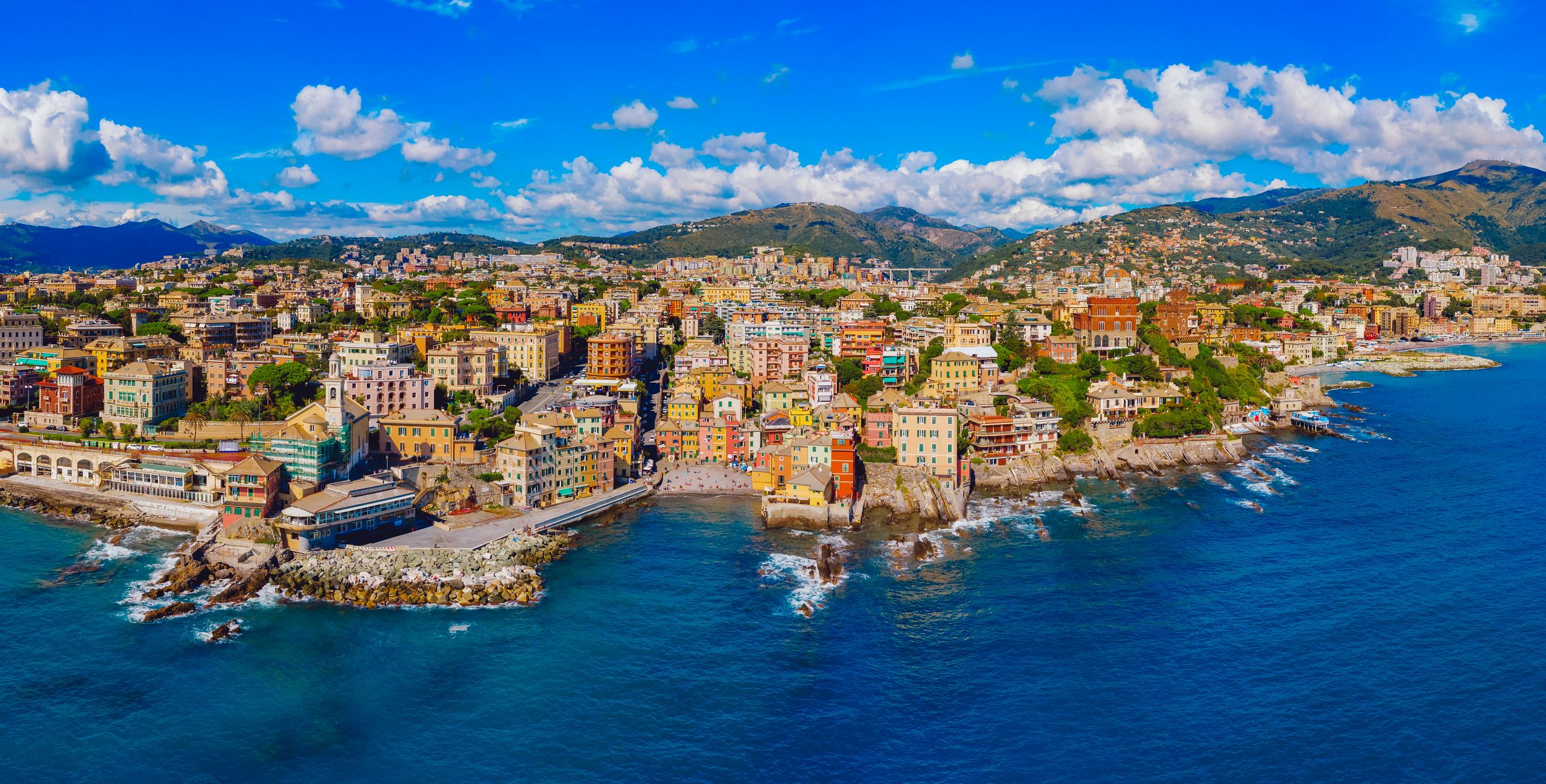An arterial view of Genoa city and coastline in Italy