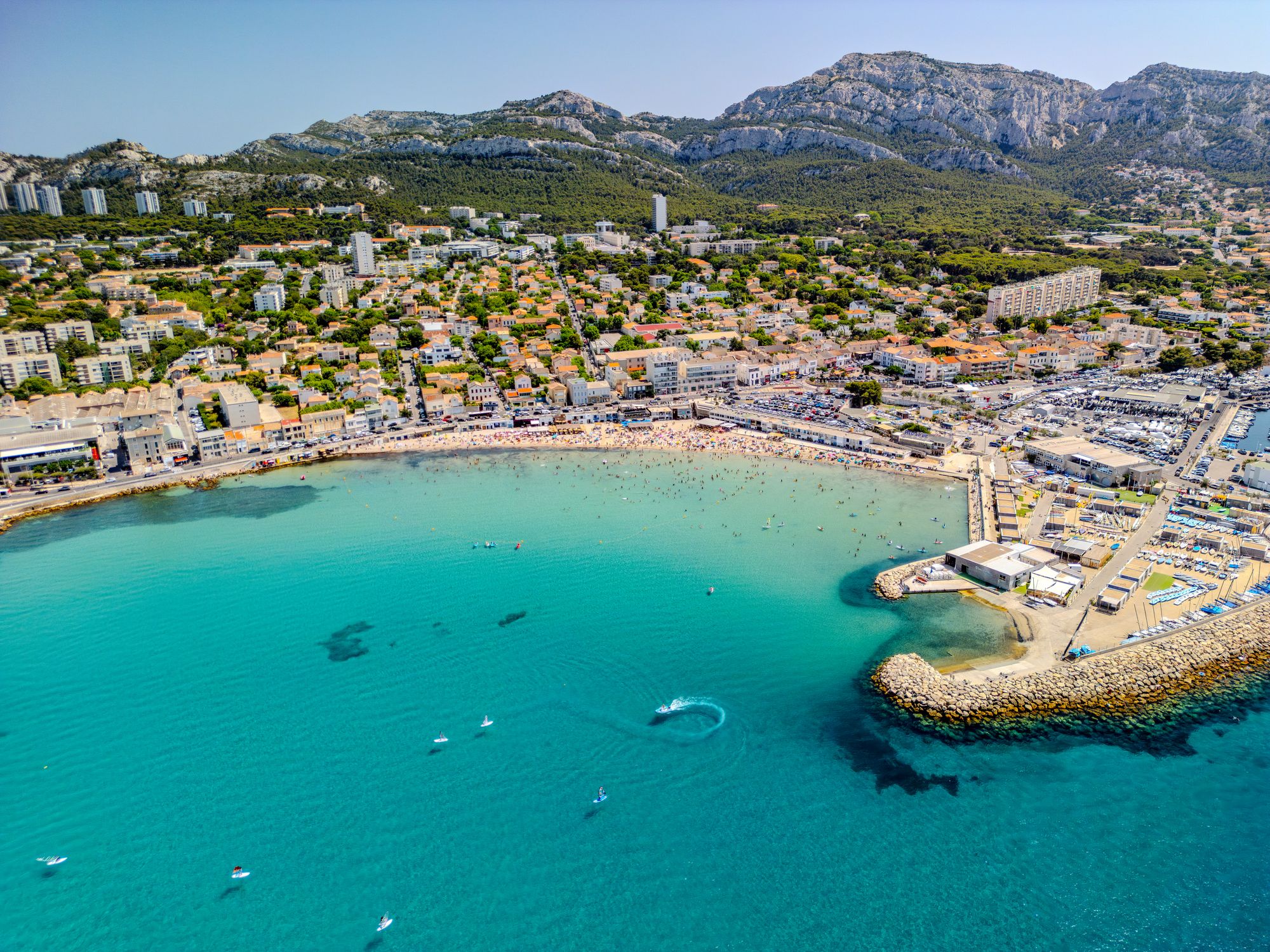 An aerial view of Marseille city and beach in France