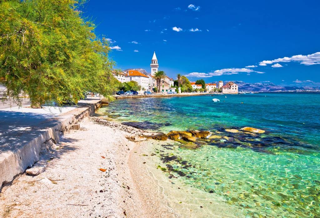 A view of the Kastel Stafilic landmarks and turquoise beach view in Split region of Dalmatia, Croatia