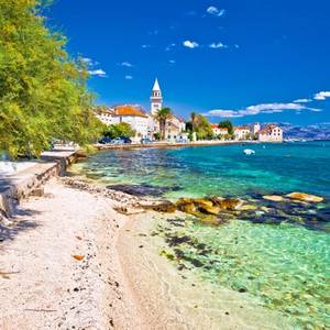 A view of the Kastel Stafilic landmarks and turquoise beach view in Split region of Dalmatia, Croatia