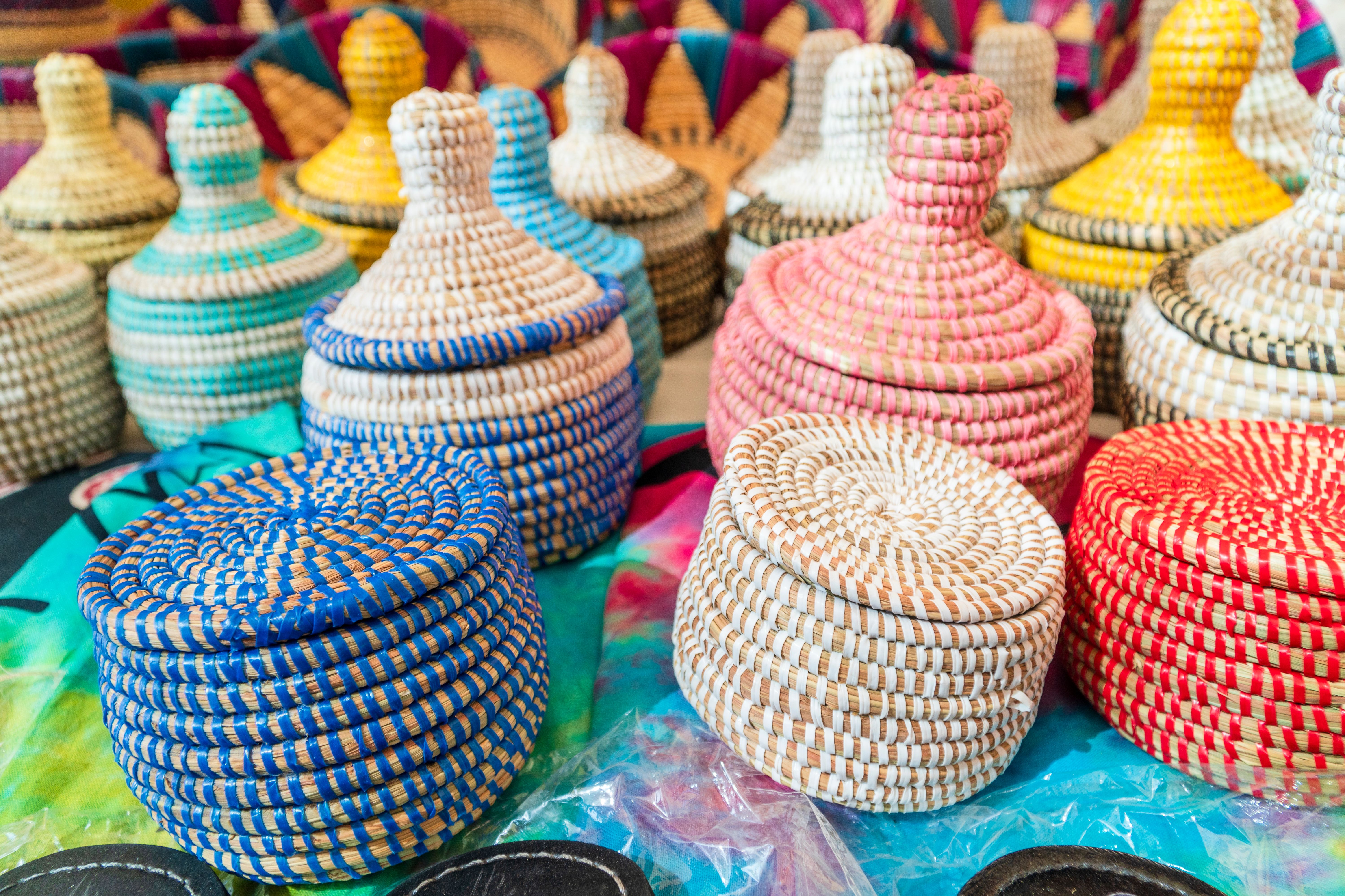 Handmade colourful wicker baskets on open air market on Fuerteventura