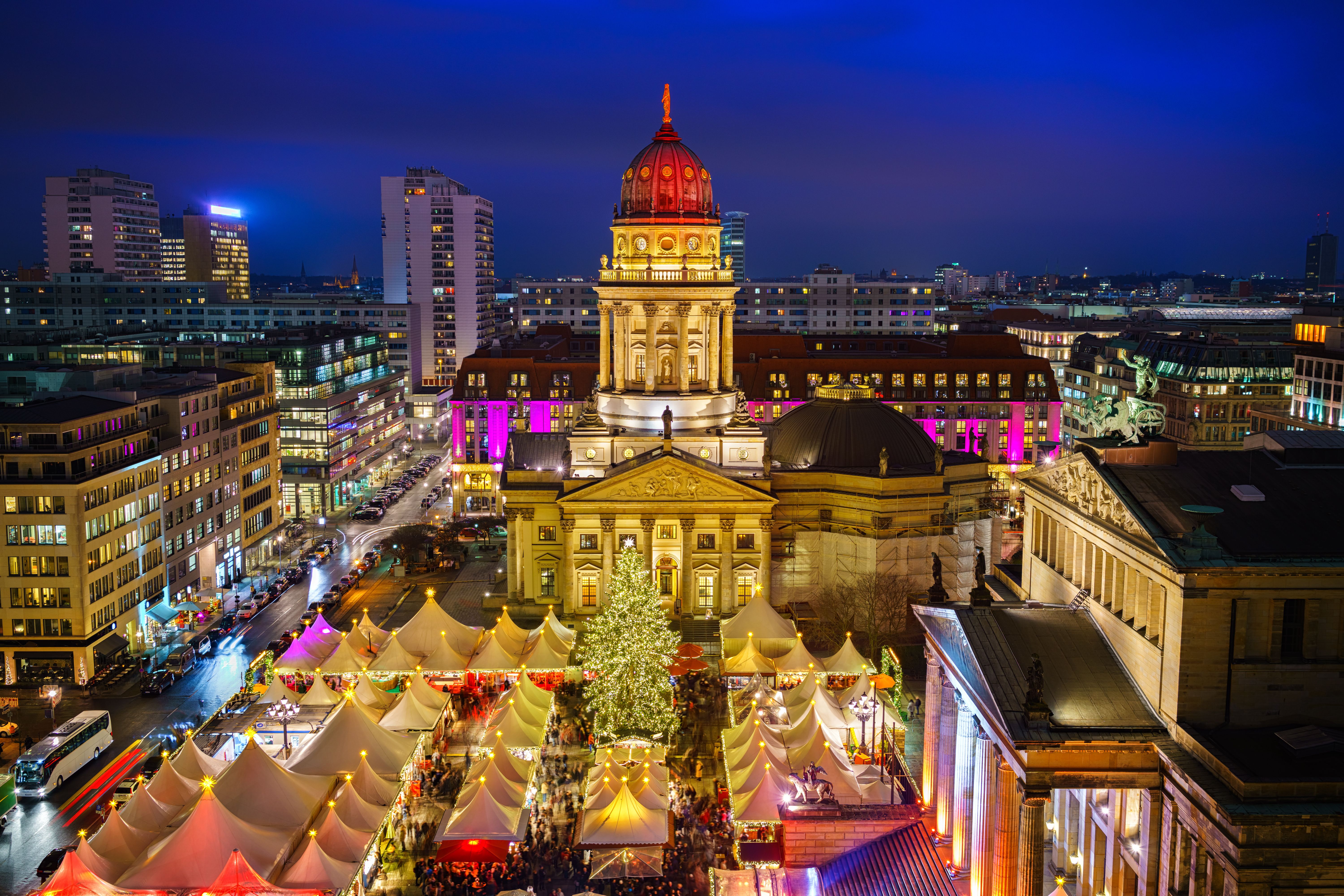Aerial view of the Christmas market in Berlin city square, Germany