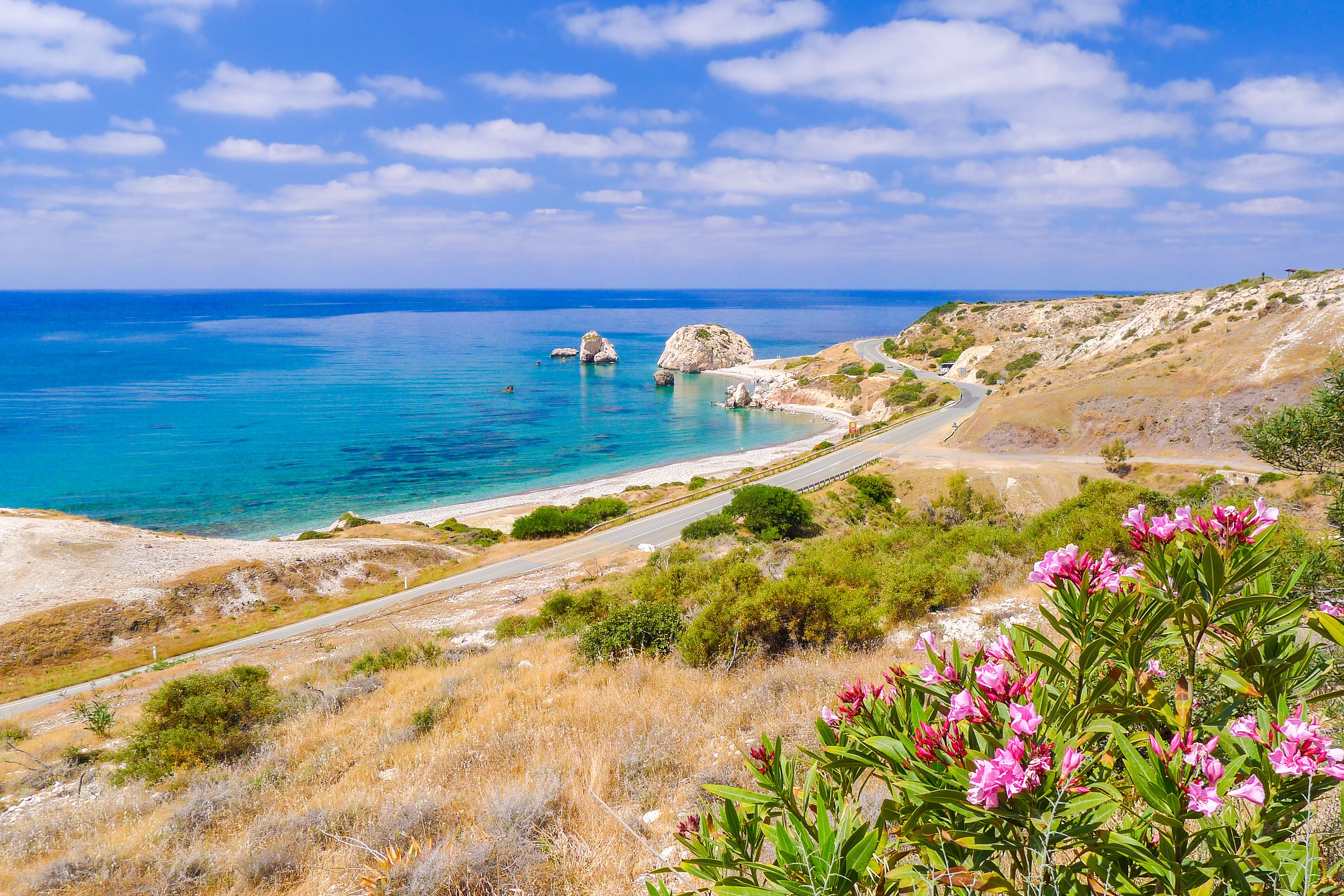 A view of the coastal road in southern Cyprus passing Aphrodite's Rock
