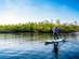 A woman on a stand up paddle board on a river in Florida