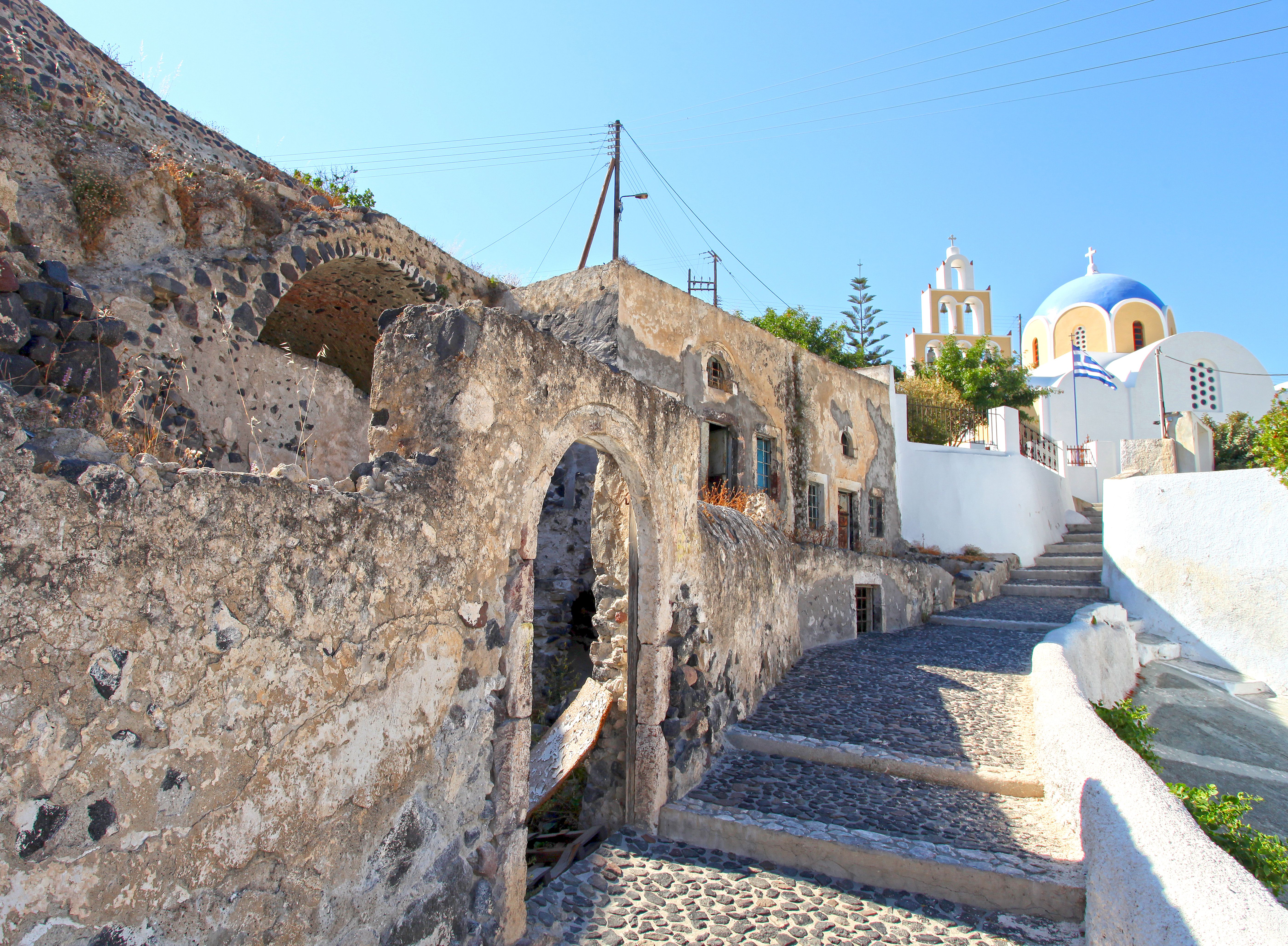 A cobbled stone pathway in the village of Vothonas in Santorini