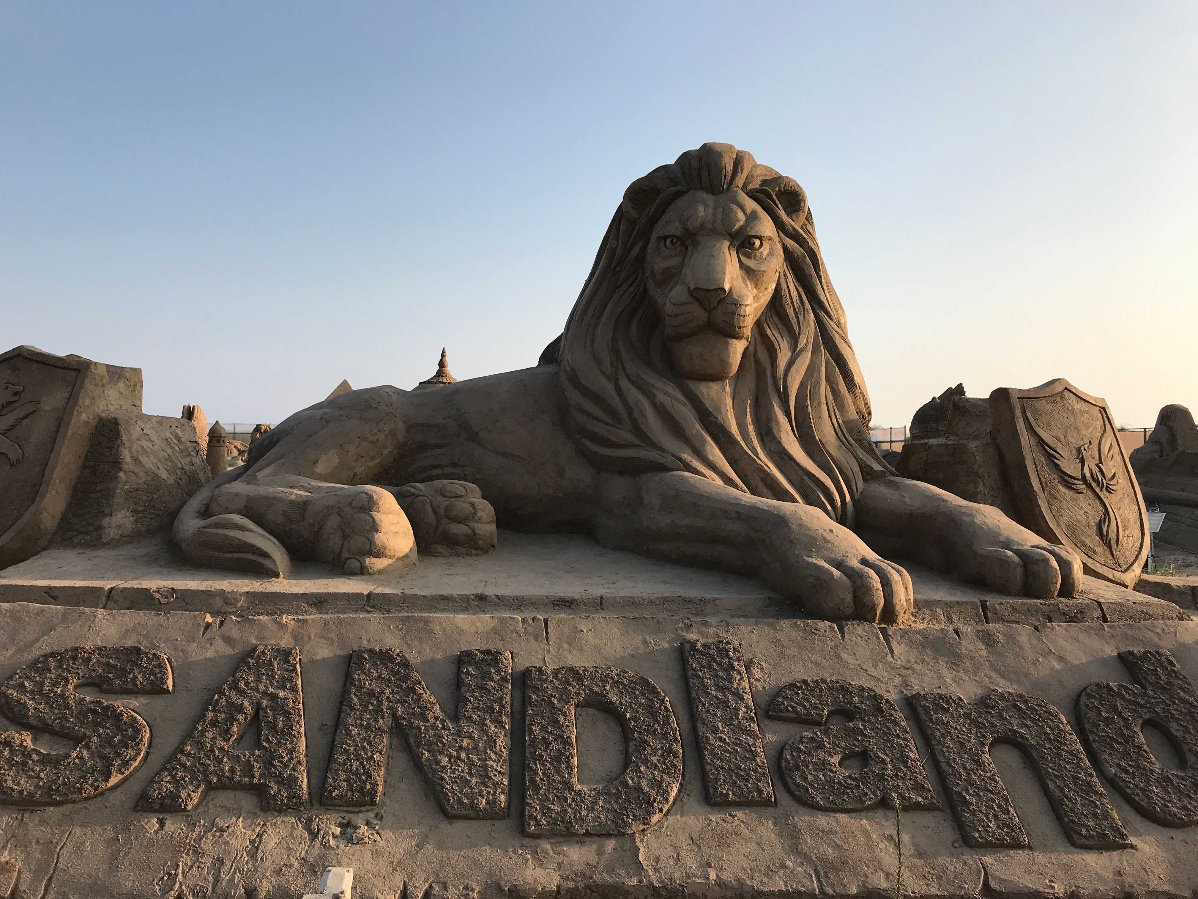 A sand sculpture of a lion at Sandland in Antalya, Turkey