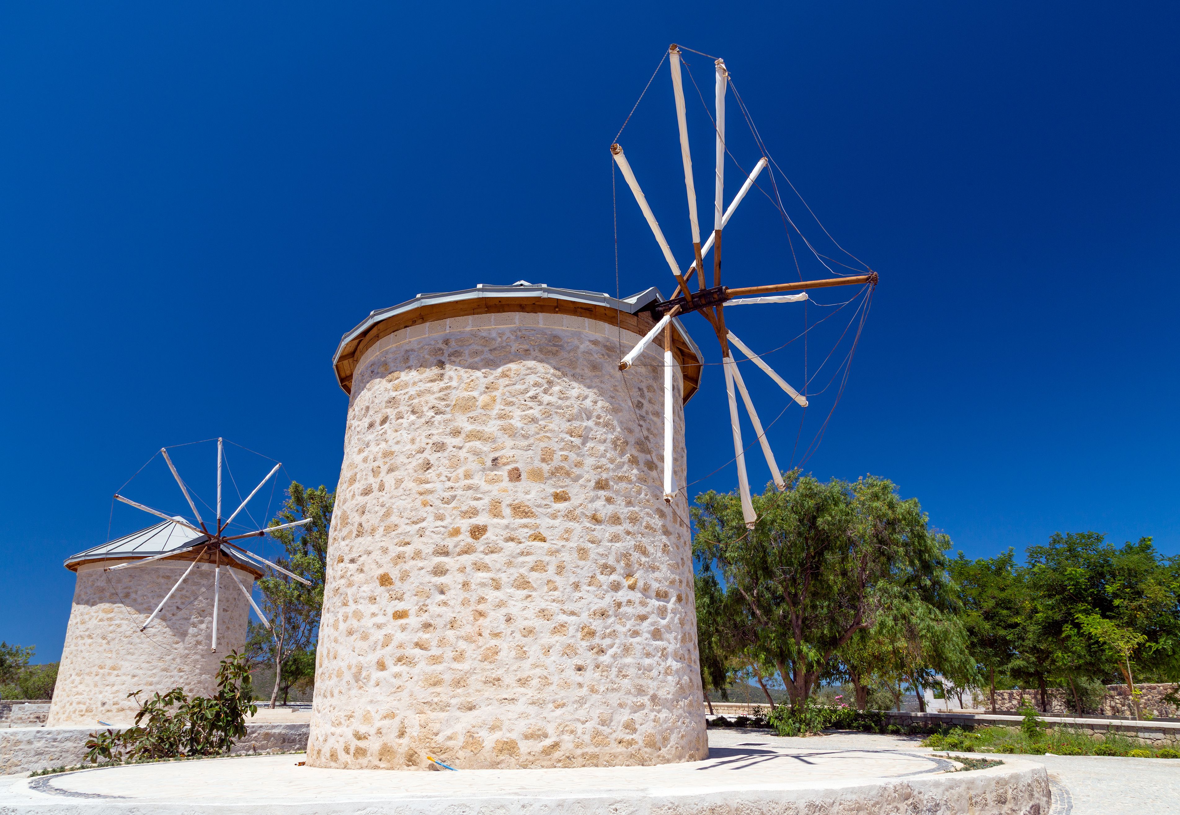 Traditional stone windmills in the town of Alacati, Turkey