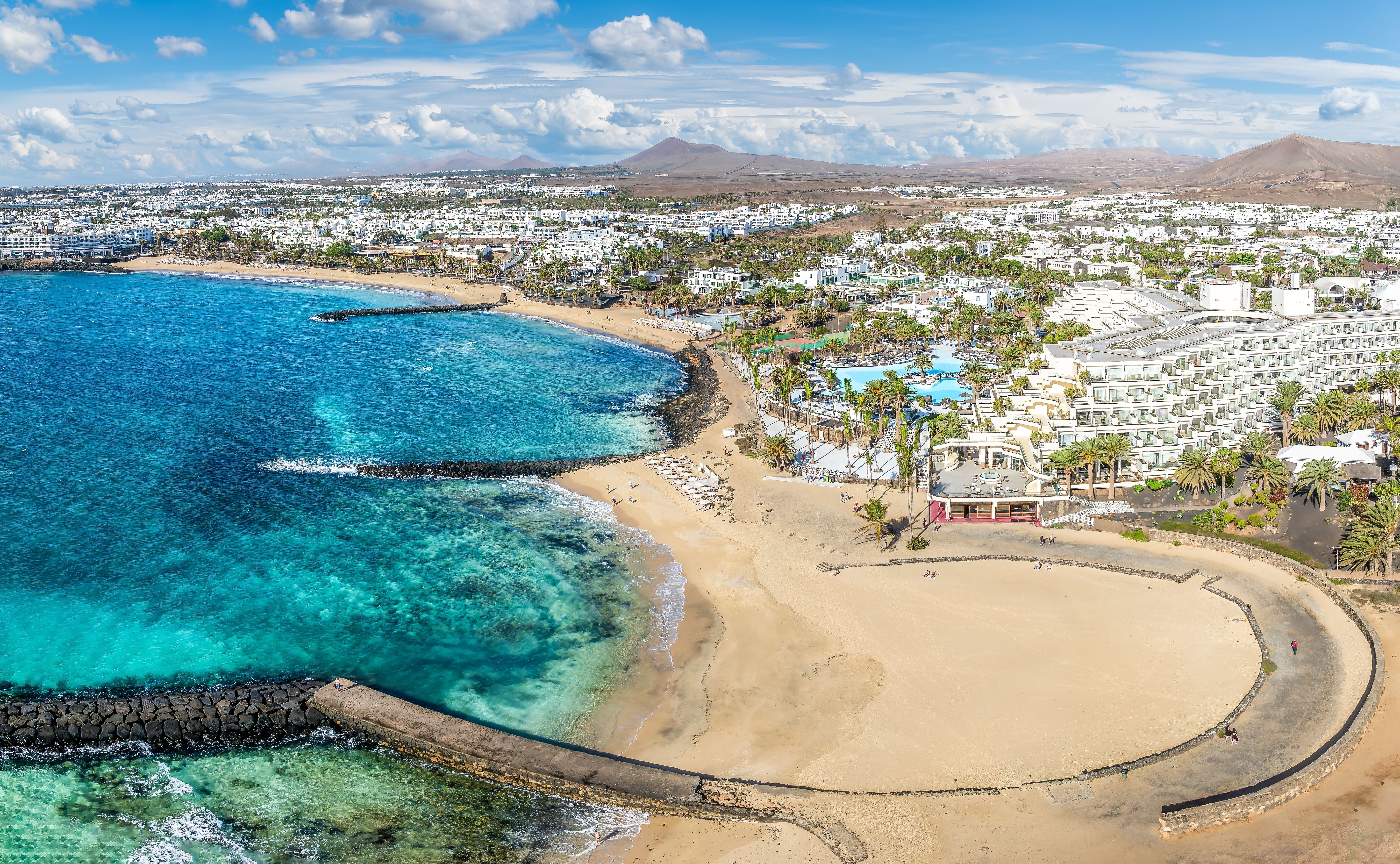 An aerial view of Costa Teguise resort and beach in Lanzarote