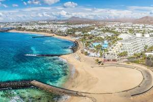 An aerial view of Costa Teguise resort and beach in Lanzarote
