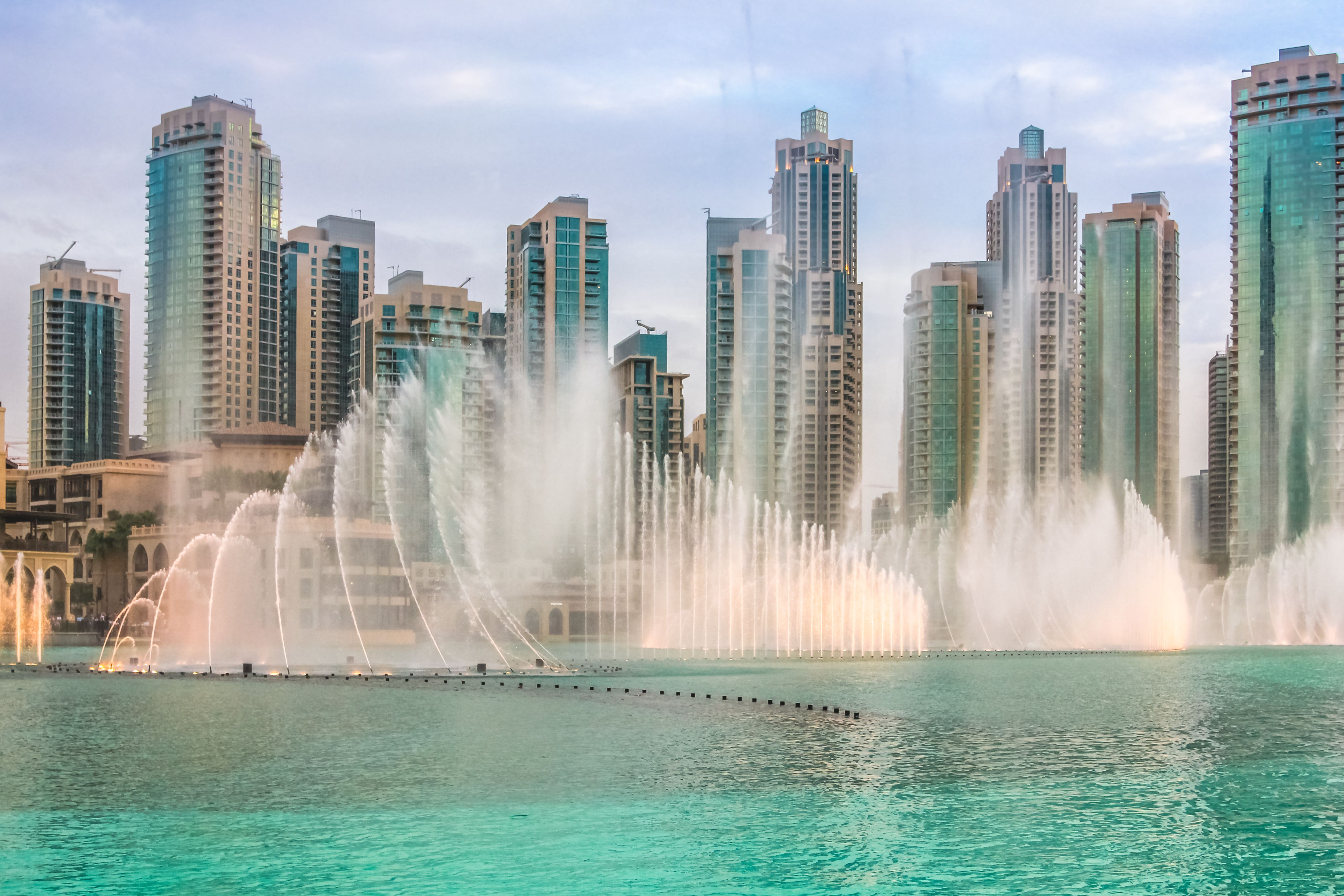 A view of the Dubai Fountain shooting water into the air