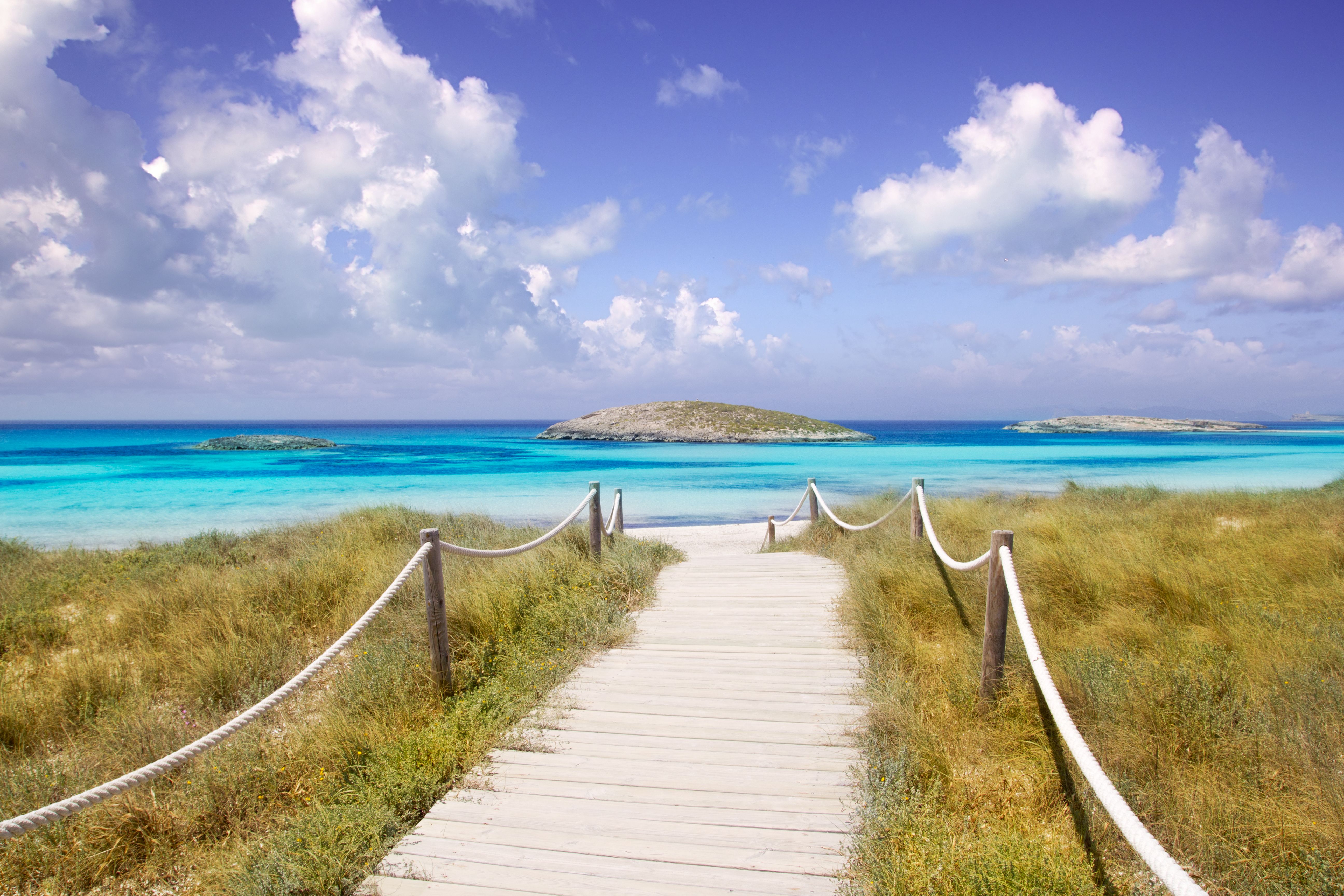 View of a wooden walkway leading to Ses Illetes beach in Formentera