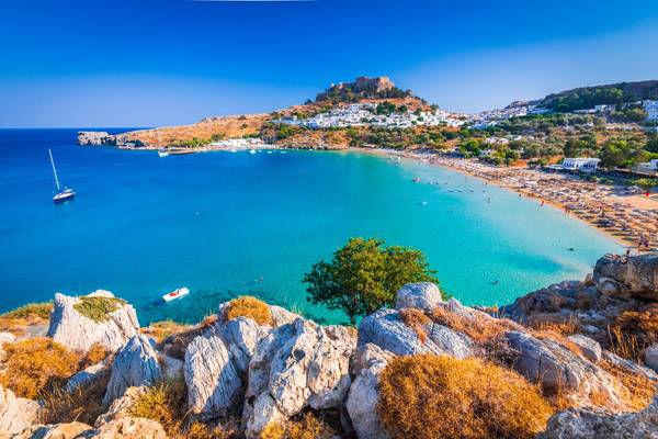 A view of Lindos town and bay in Rhodes, Greece