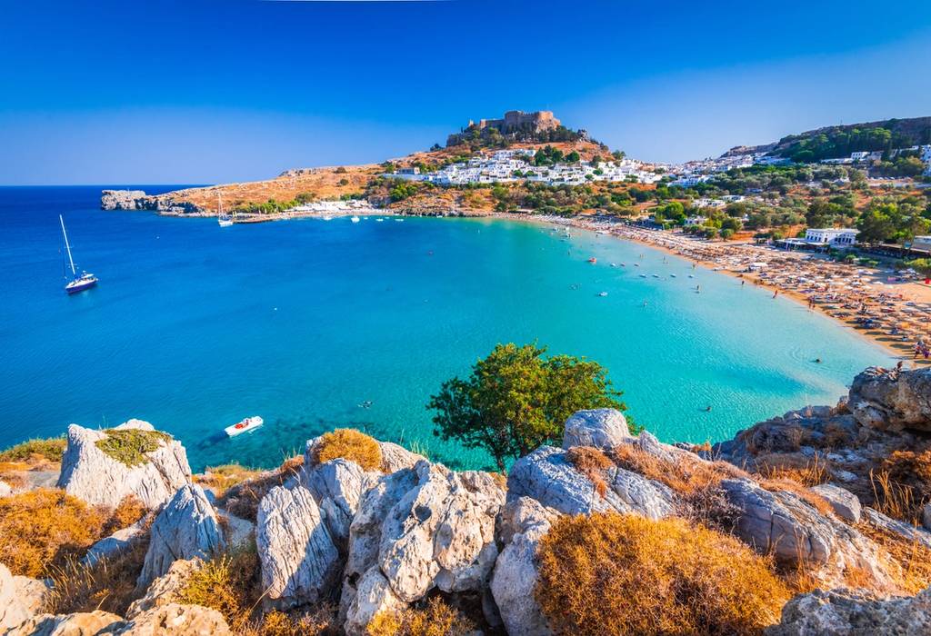 A view of Lindos town and bay in Rhodes, Greece