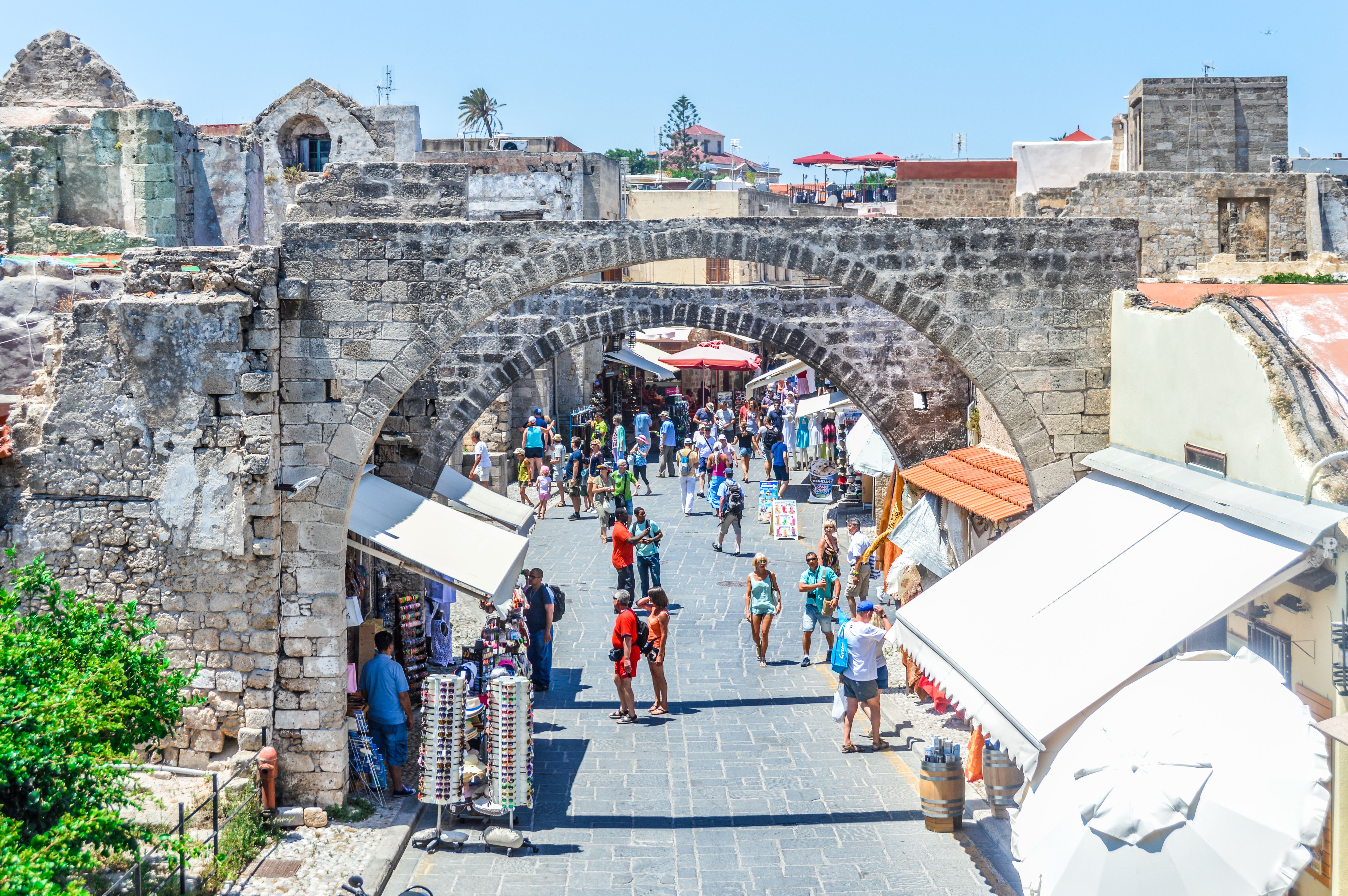 A view of tourists shopping in Hippocrates Square in Rhodes Old Town